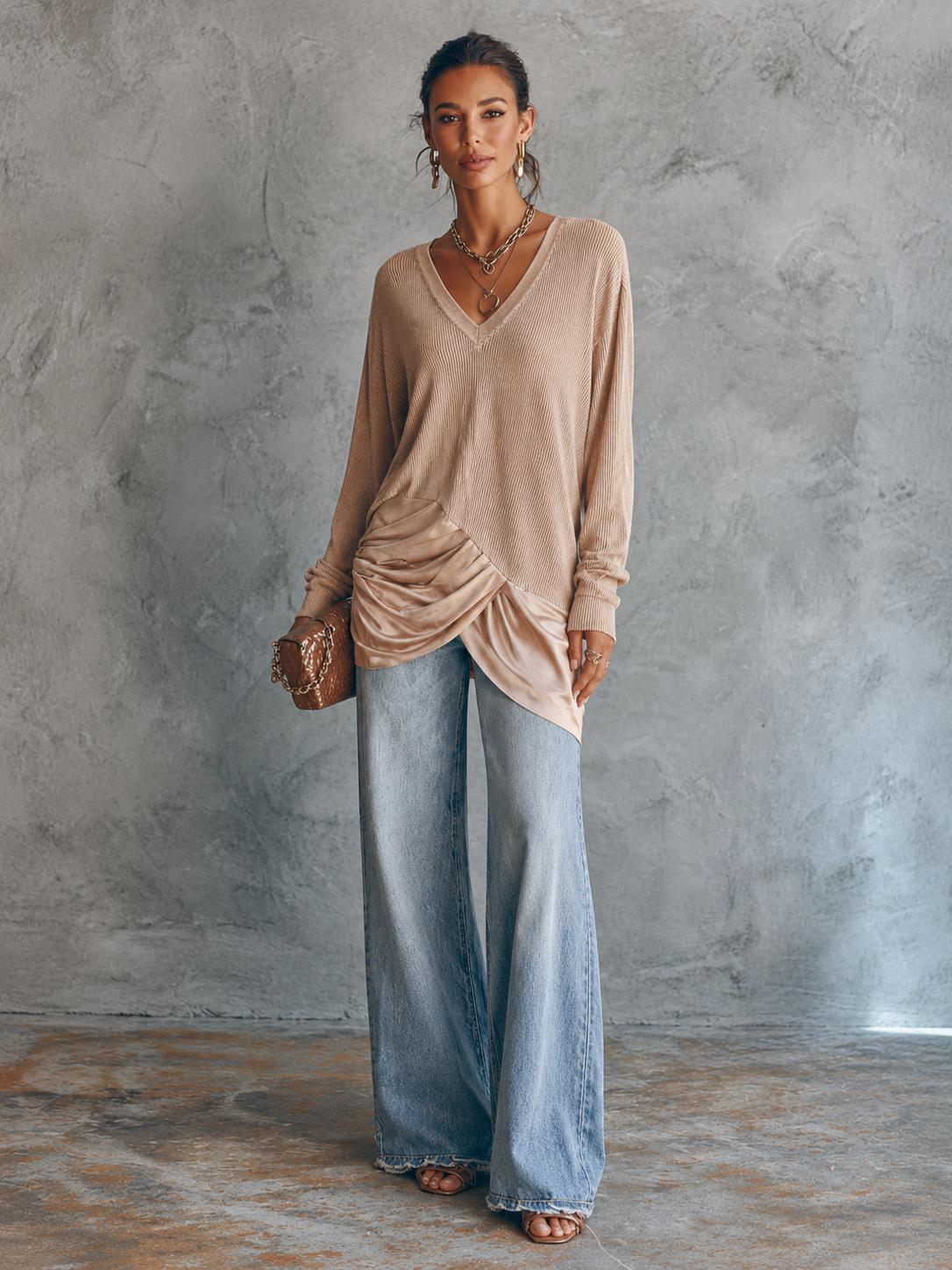 Women's Draped Panel Elegant Knit V-Neck Top MDZ1769H2GMJ