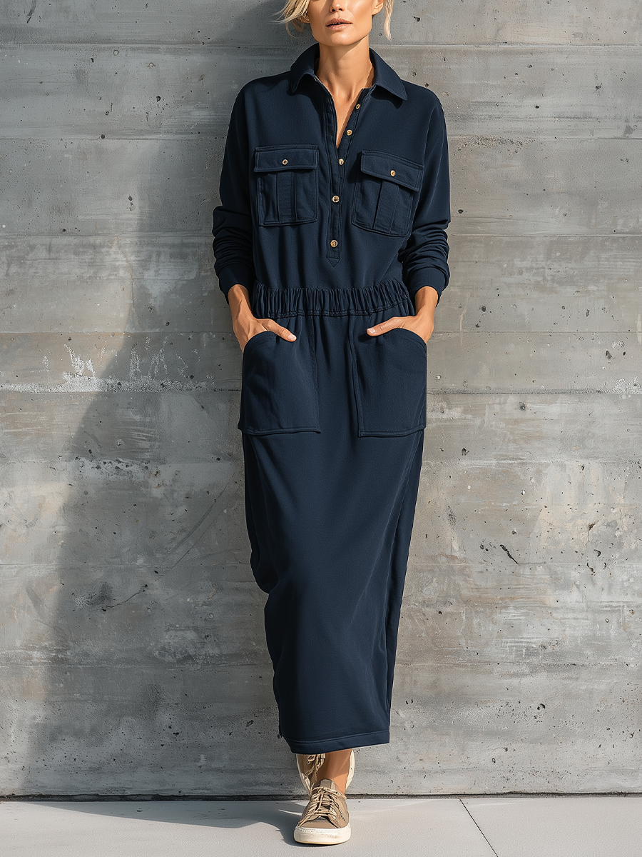Women's Long Sleeve Collared Utility Maxi Dress With Pockets MDZ1725H0YZJ