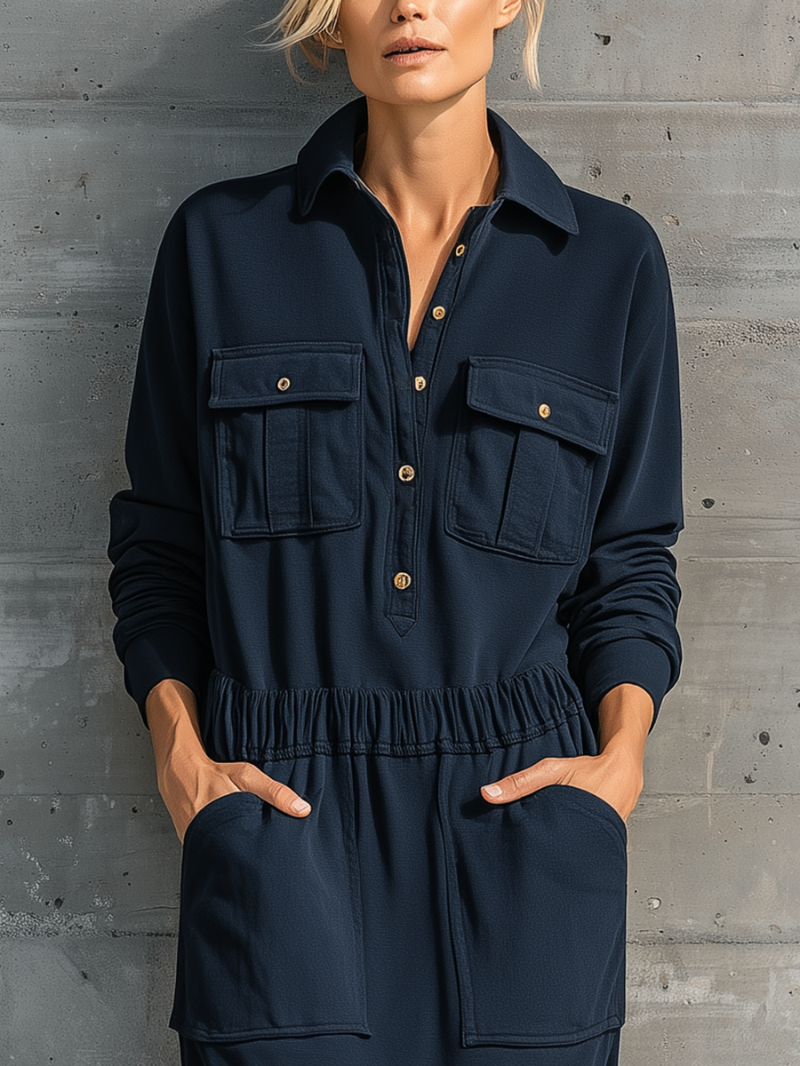 Women's Long Sleeve Collared Utility Maxi Dress With Pockets MDZ1725H0YZJ