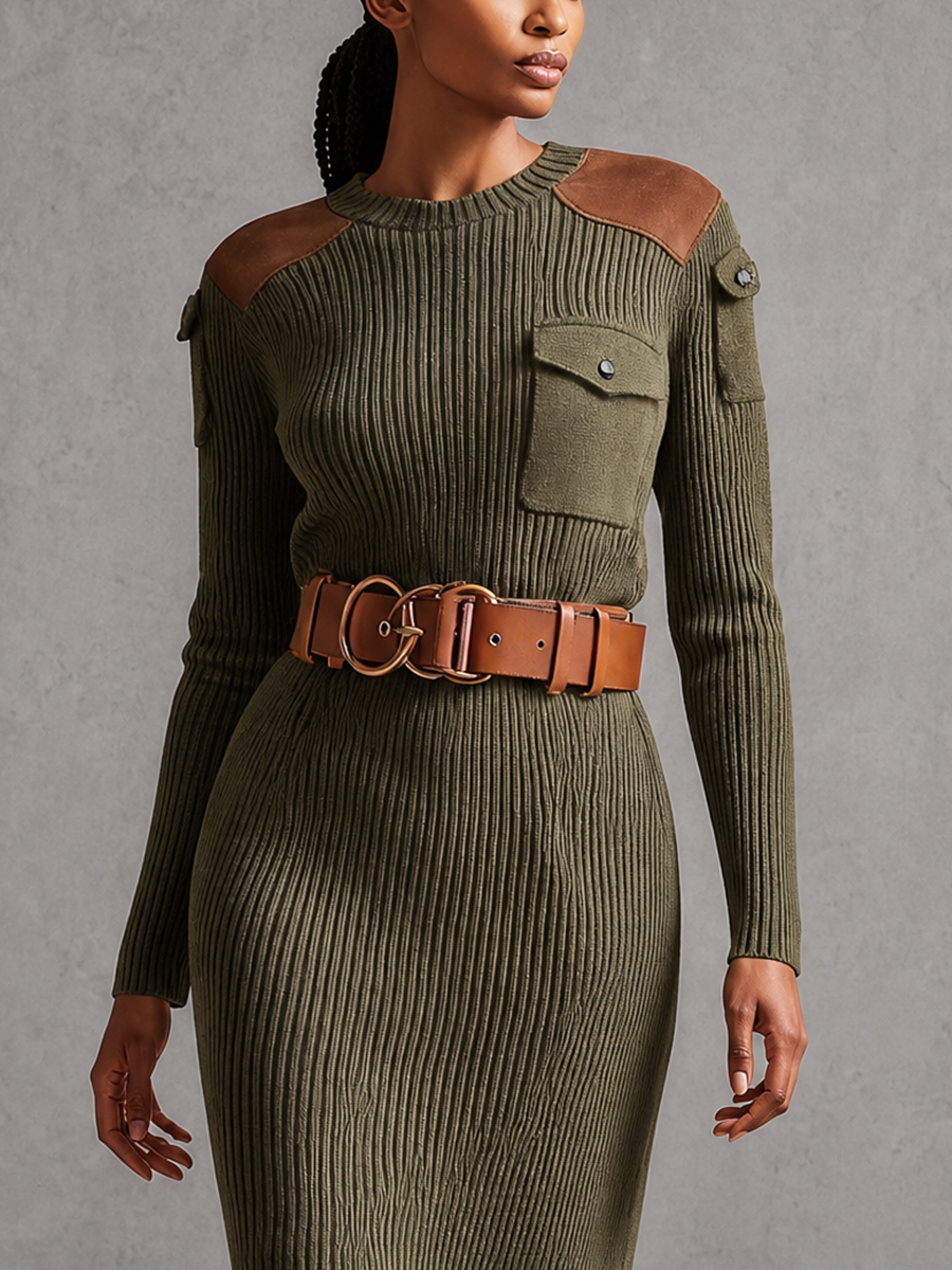 Women's Ribbed Knit Sweater Dress With Suede Shoulder Patches And Chest Pocket (Without Belt) MDZ1710H4YZJ