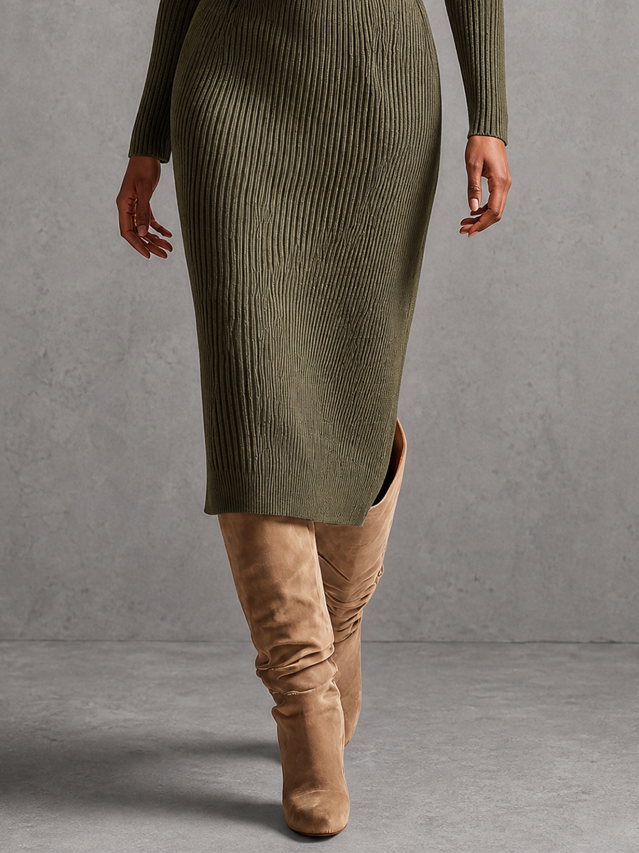 Women's Ribbed Knit Sweater Dress With Suede Shoulder Patches And Chest Pocket (Without Belt) MDZ1710H4YZJ