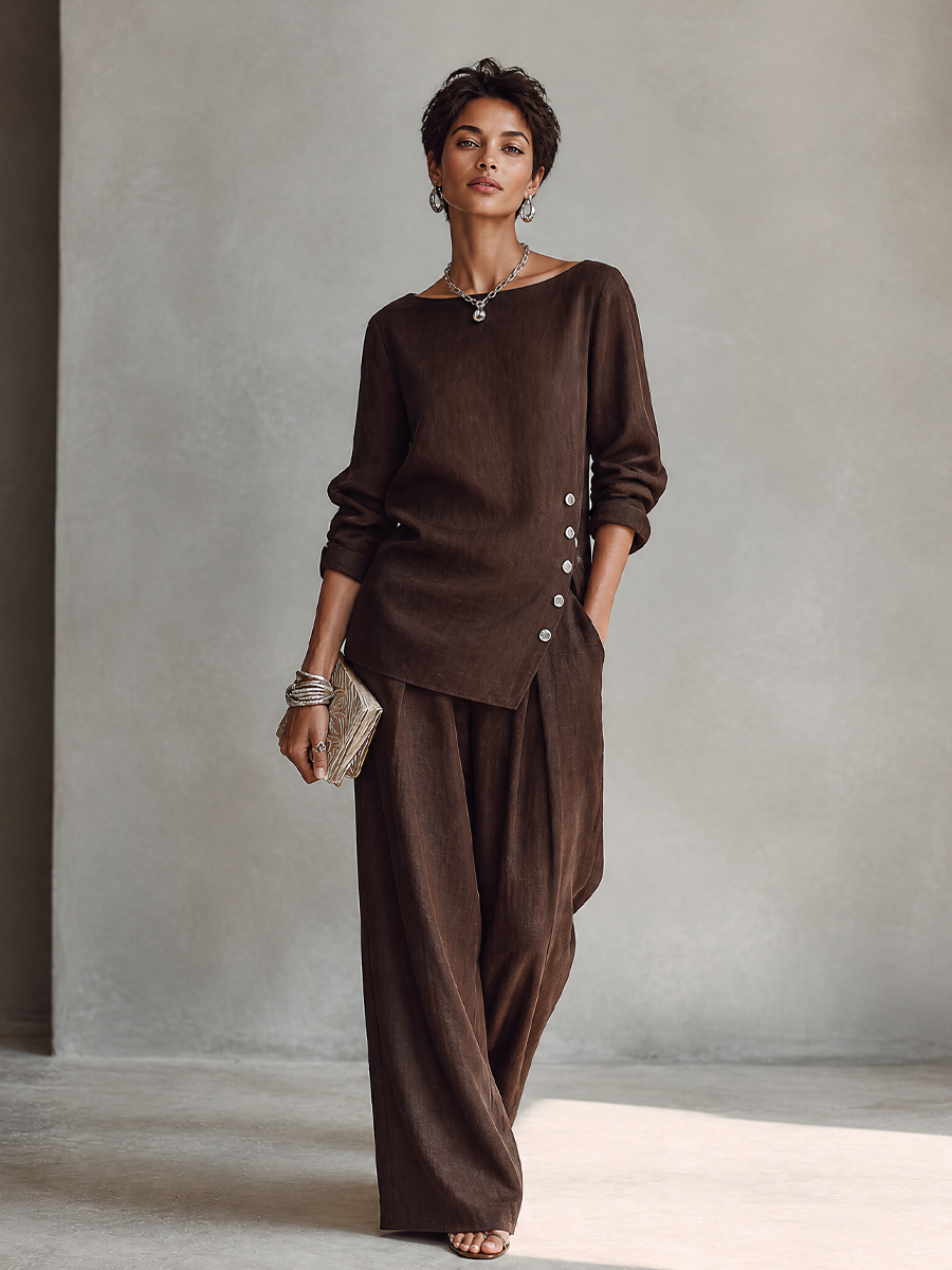 Women's Asymmetric Hem Casual Cotton Linen Wide-Leg Pants Set MDZ1732H6GMJ