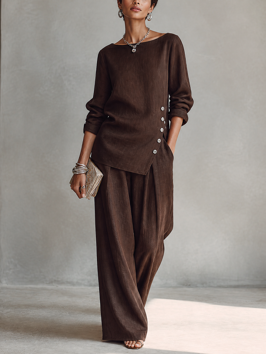 Women's Asymmetric Hem Casual Cotton Linen Wide-Leg Pants Set MDZ1732H6GMJ