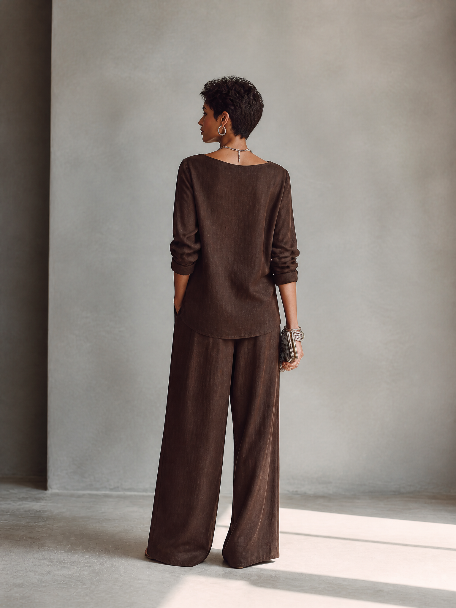 Women's Asymmetric Hem Casual Cotton Linen Wide-Leg Pants Set MDZ1732H6GMJ