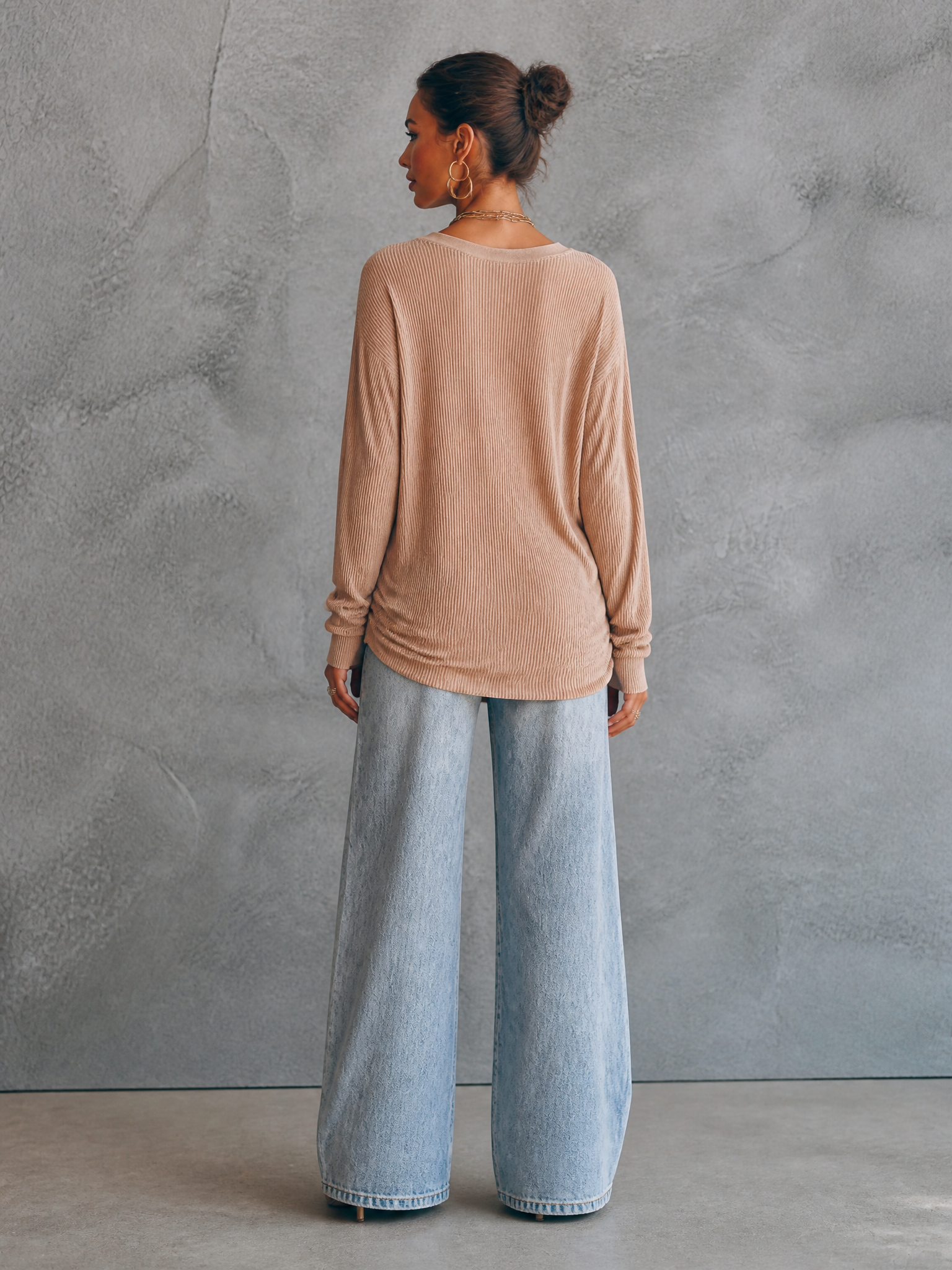 Women's Draped Panel Elegant Knit V-Neck Top MDZ1769H2GMJ