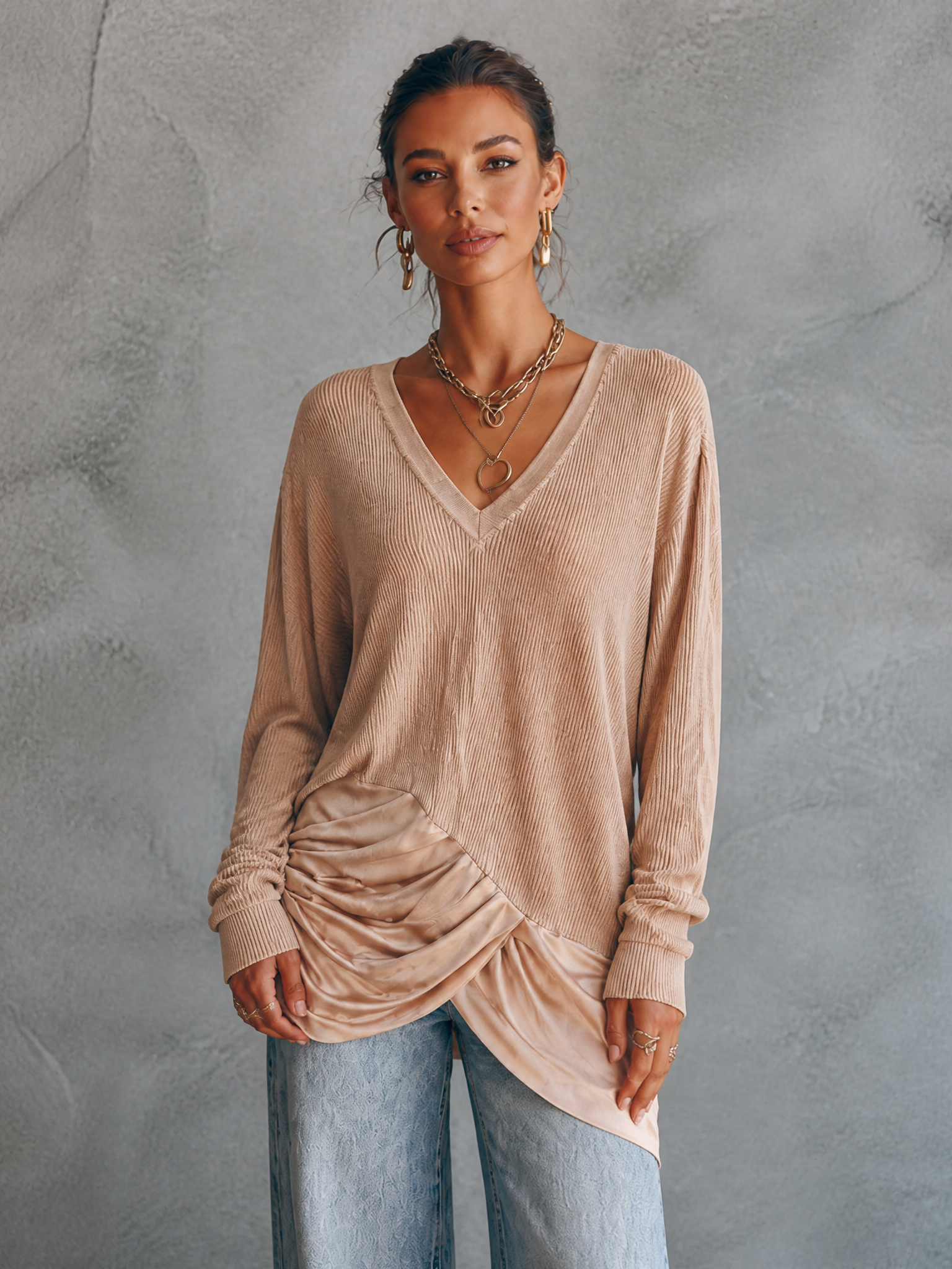 Women's Draped Panel Elegant Knit V-Neck Top MDZ1769H2GMJ