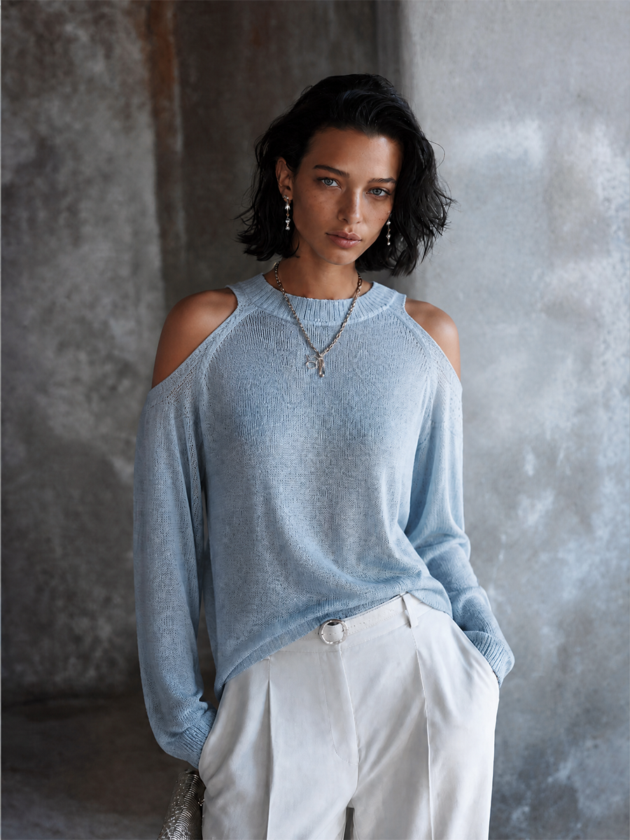Women's Off-Shoulder Casual Knit Crewneck Top MDZ1765H9GMJ