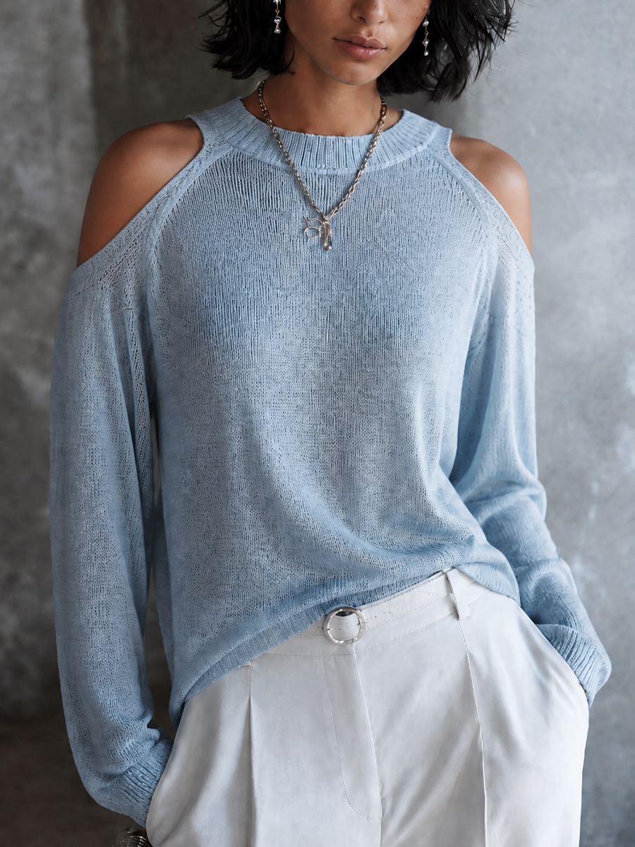 Women's Off-Shoulder Casual Knit Crewneck Top MDZ1765H9GMJ