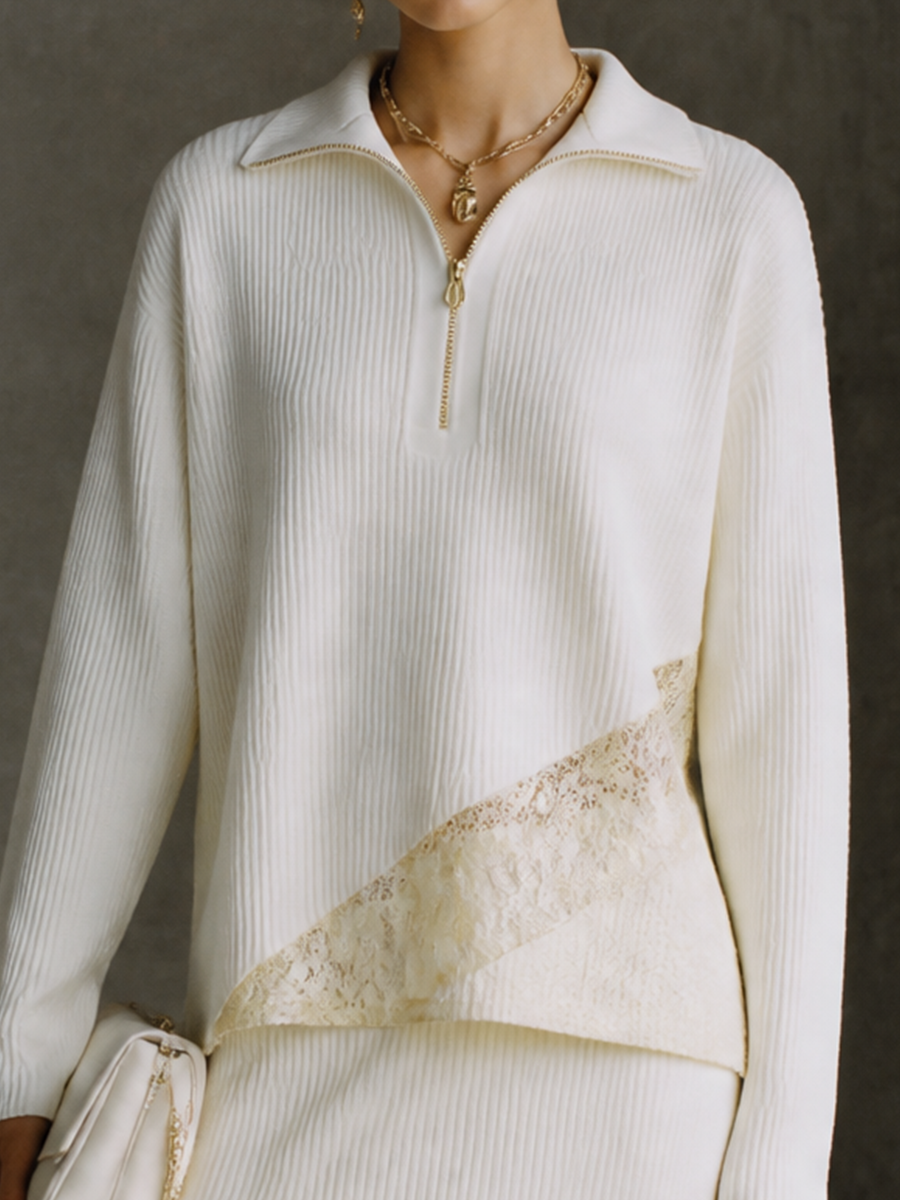 Women's Lace Panel Elegant Knit Half-Zip Skirt Set MDZ1778H5GMJ