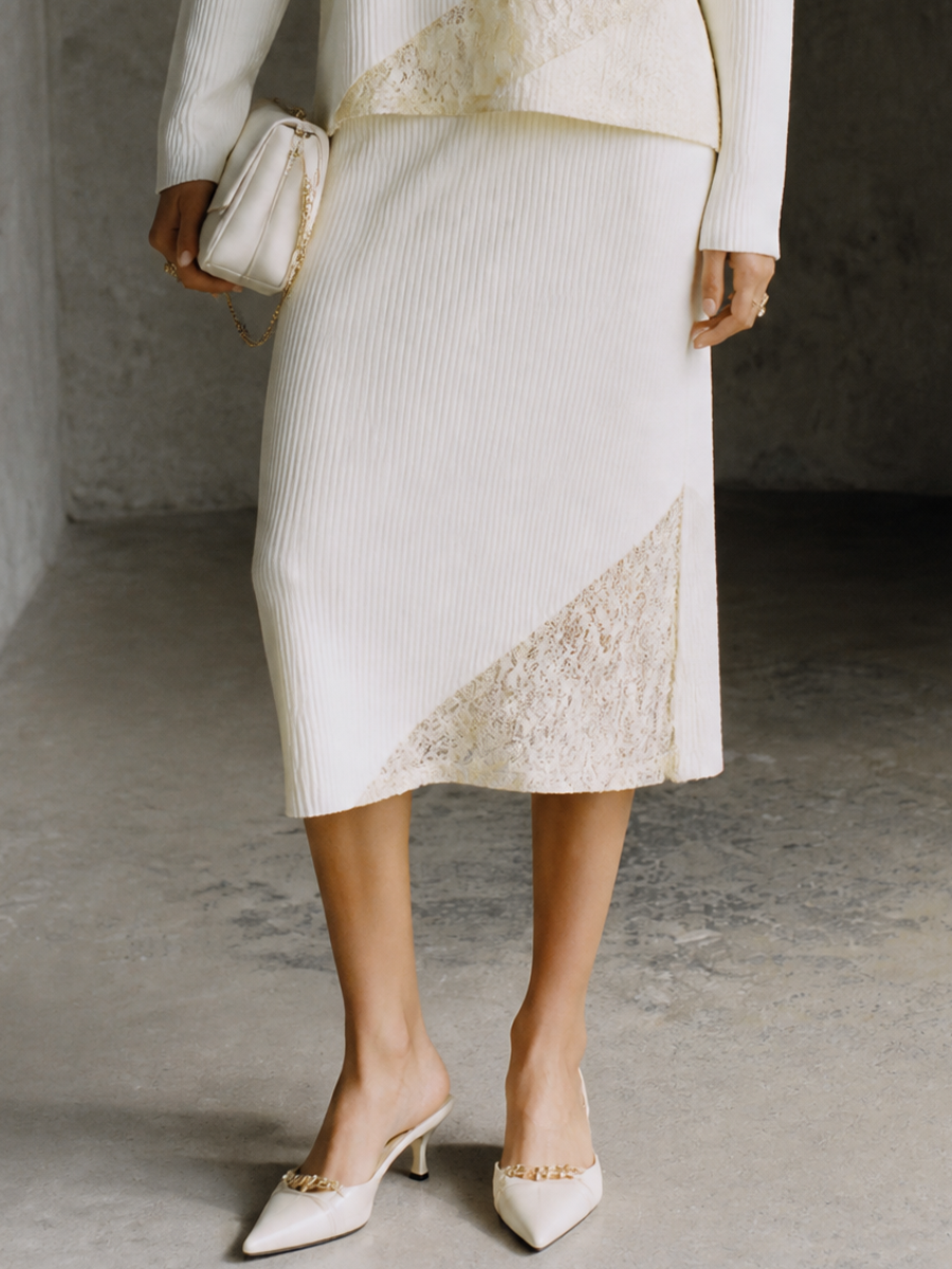 Women's Lace Panel Elegant Knit Half-Zip Skirt Set MDZ1778H5GMJ