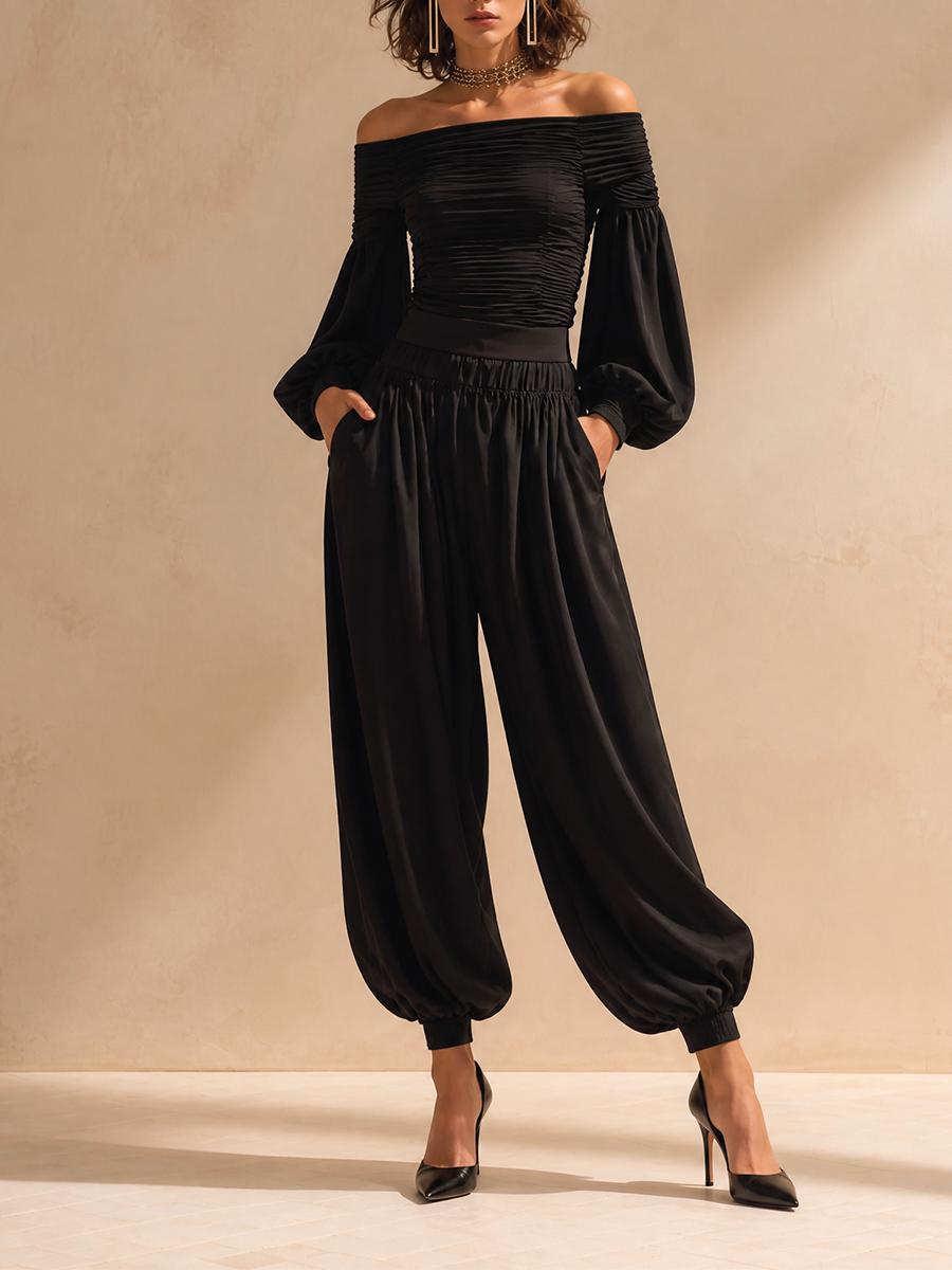 Women's Elegant Off-Shoulder Ruched Blouson-Sleeve Top & High-Waisted Cuffed Balloon Trouser Set MDZ1765H4CMX