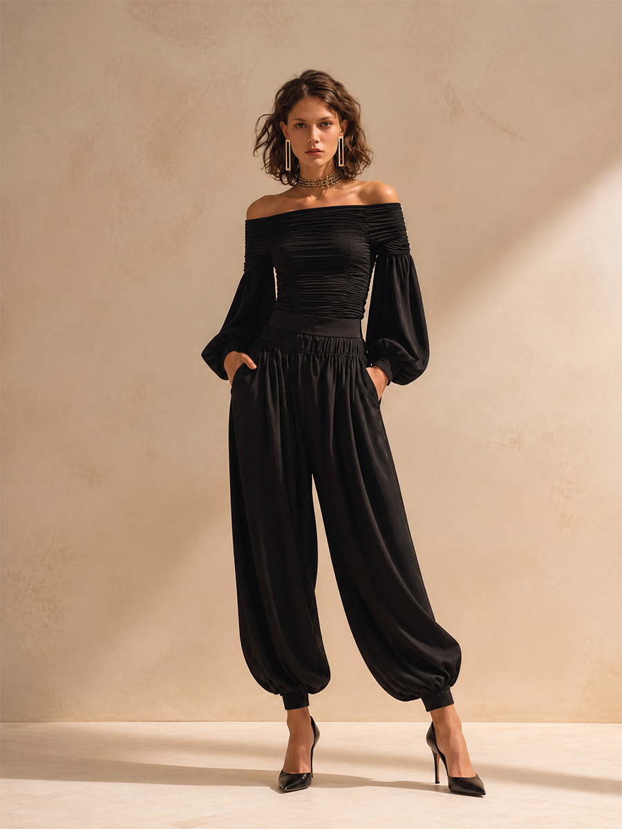 Women's Elegant Off-Shoulder Ruched Blouson-Sleeve Top & High-Waisted Cuffed Balloon Trouser Set MDZ1765H4CMX