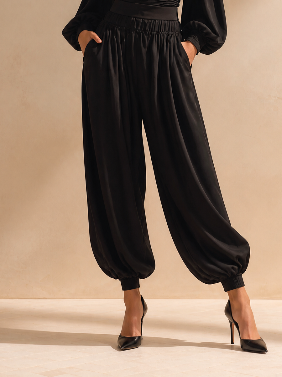 Women's Elegant Off-Shoulder Ruched Blouson-Sleeve Top & High-Waisted Cuffed Balloon Trouser Set MDZ1765H4CMX
