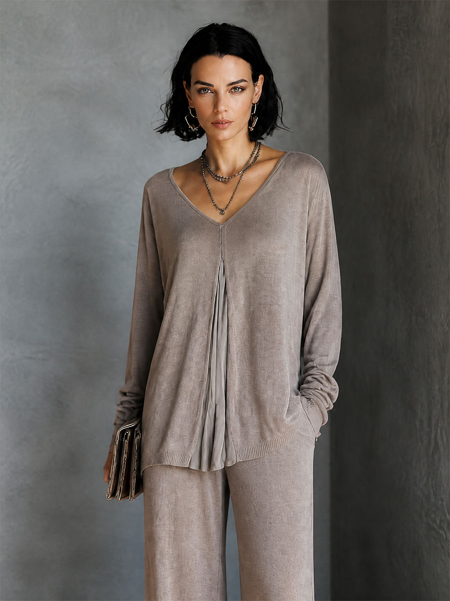 Women's Faux-Layered Casual V-Neck Long Sleeve Top MDZ1775H7GMJ