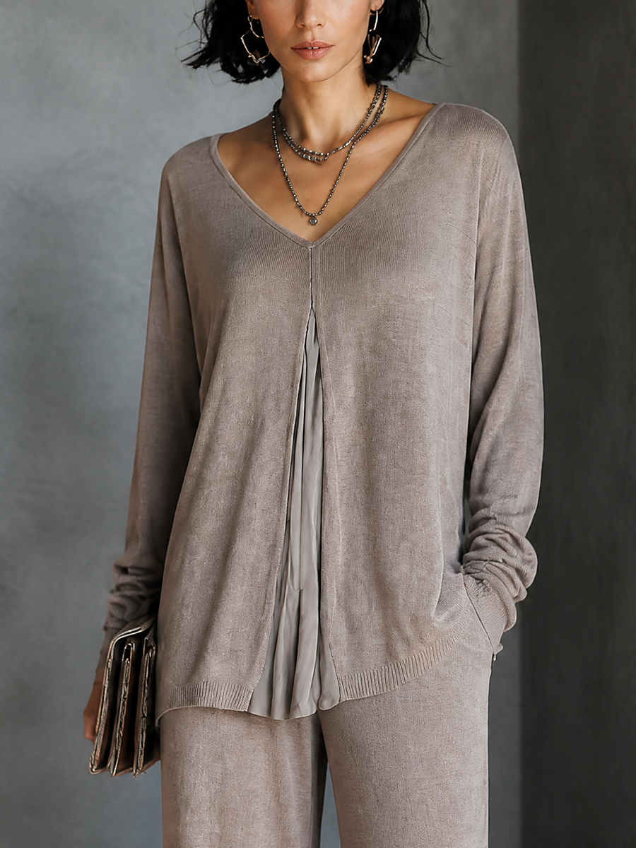 Women's Faux-Layered Casual V-Neck Long Sleeve Top MDZ1775H7GMJ
