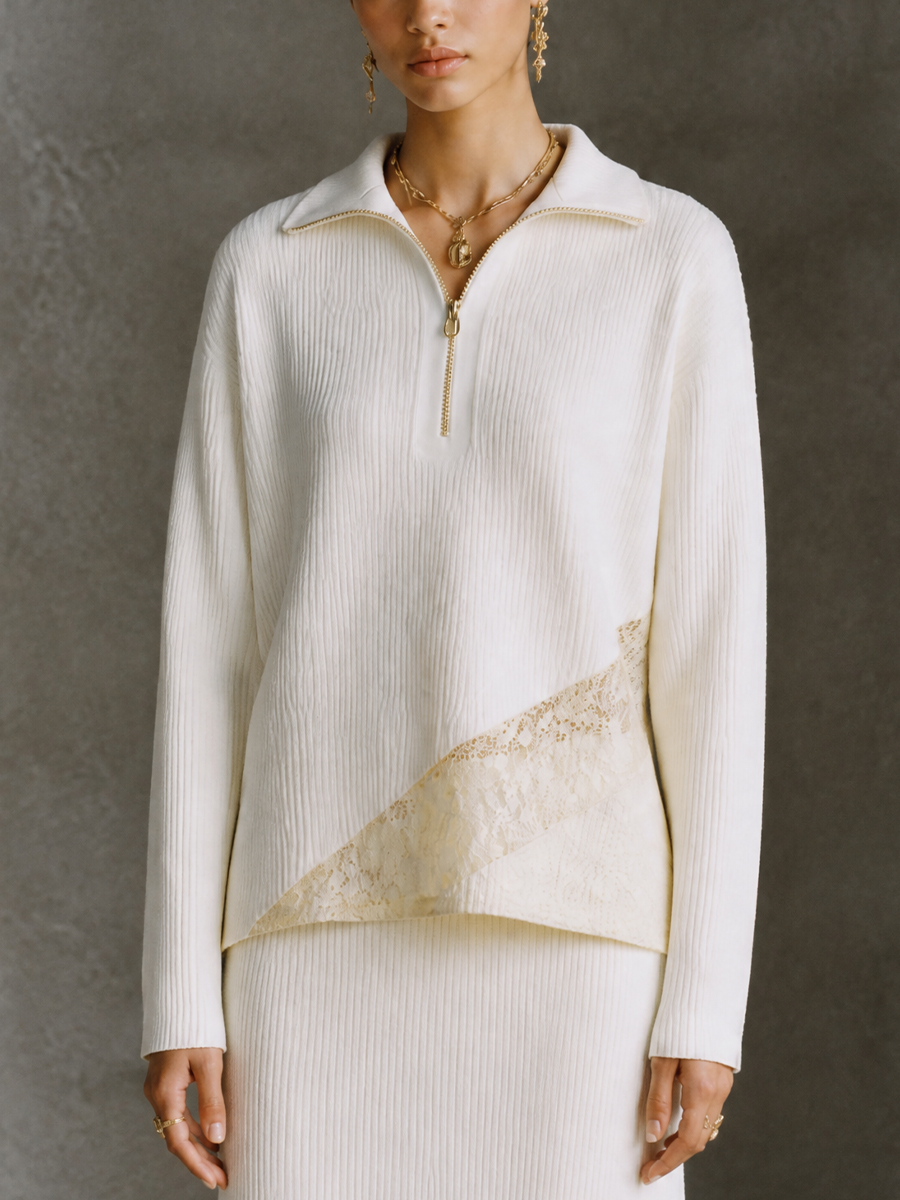 Women's Lace Panel Elegant Knit Half-Zip Long Sleeve Top MDZ1721H1GMJ