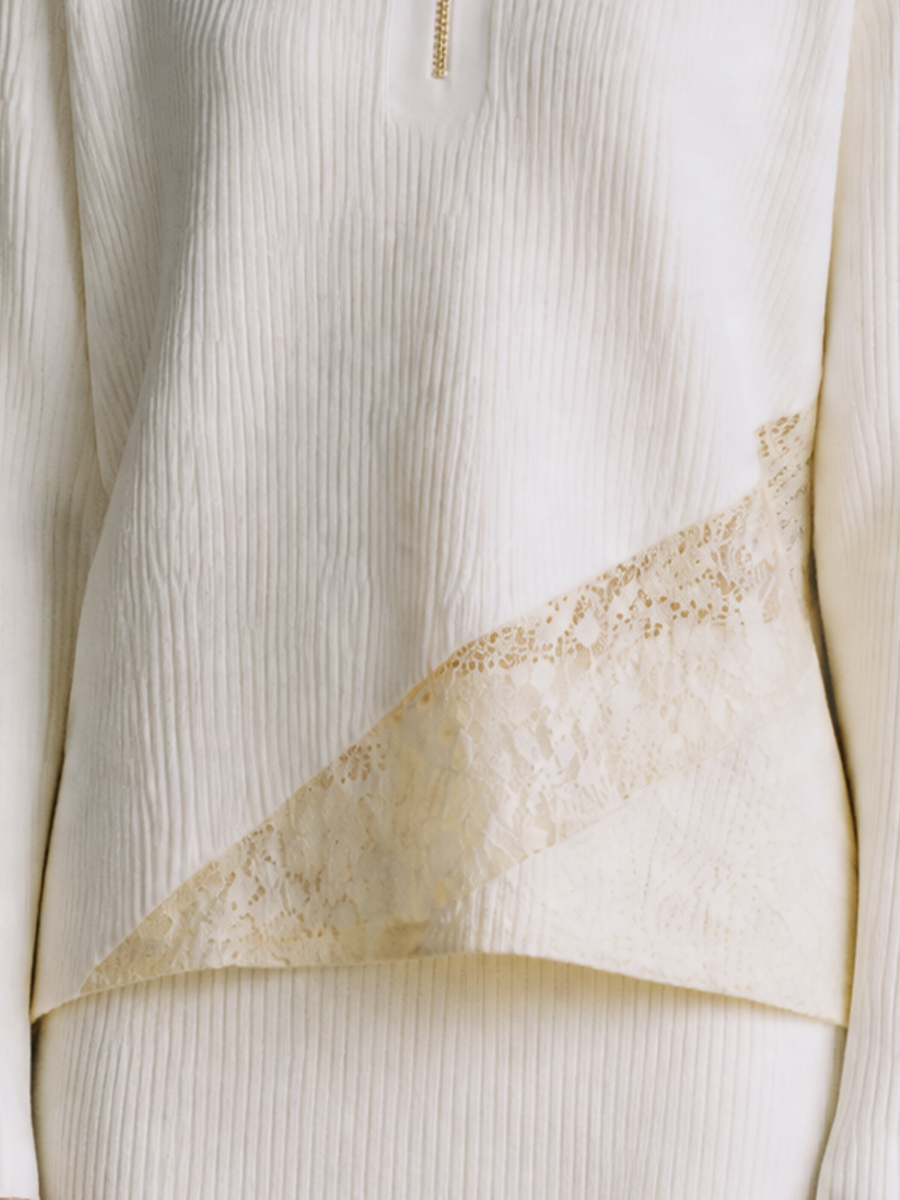 Women's Lace Panel Elegant Knit Half-Zip Long Sleeve Top MDZ1721H1GMJ