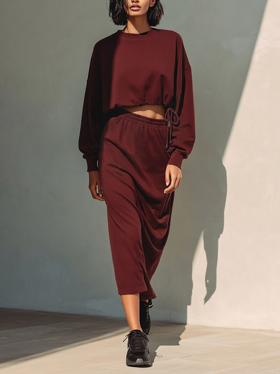 Women's Cotto Blend Set With Cropped Drawstring Sweatshirt & Maxi Skirt MDZ1809H3ZRK