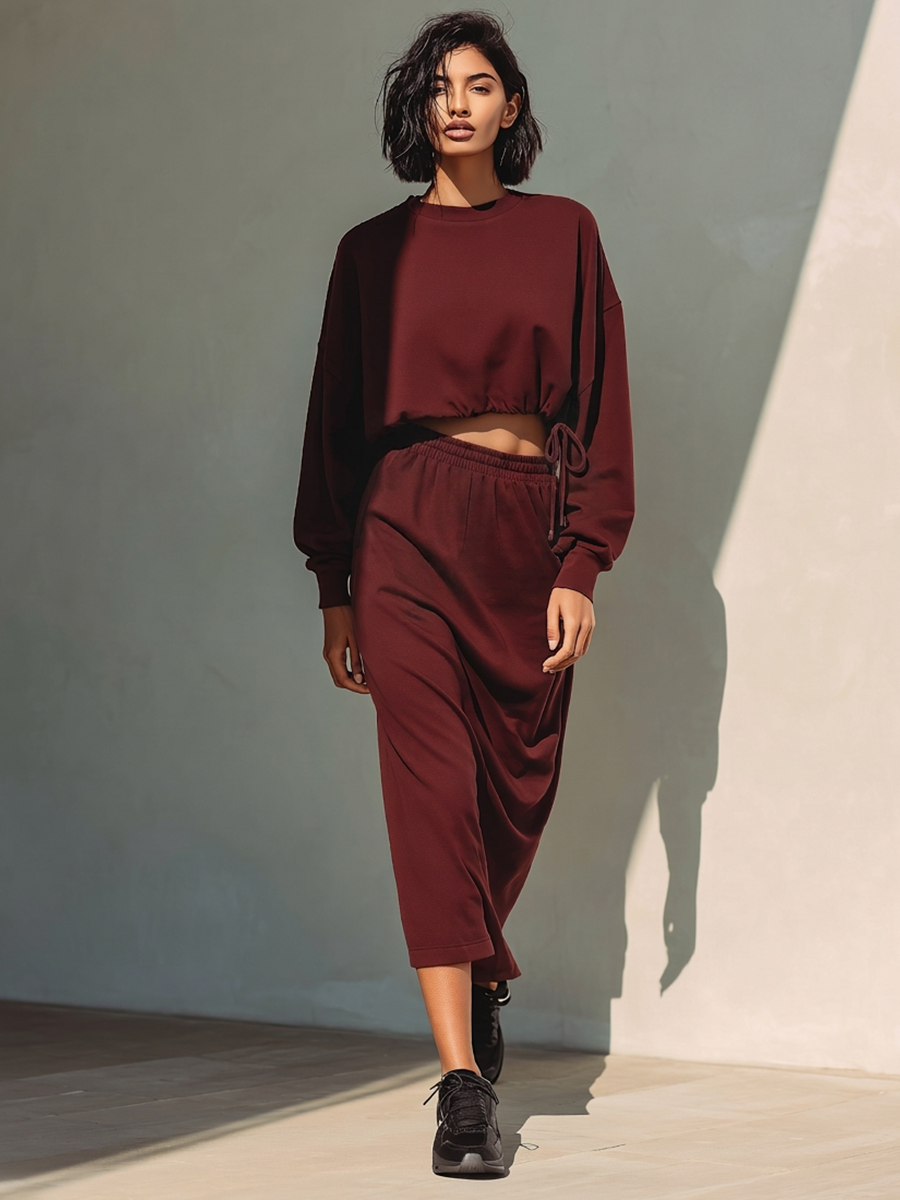Women's Cotto Blend Set With Cropped Drawstring Sweatshirt & Maxi Skirt MDZ1809H3ZRK