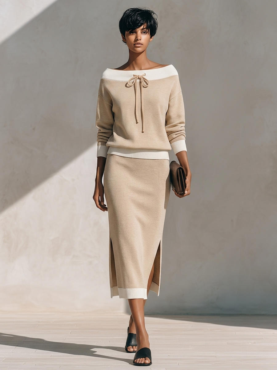 Women's Off-Shoulder Color-Block Knit Top & Slit Skirt Set MDZ1863H2ZRK