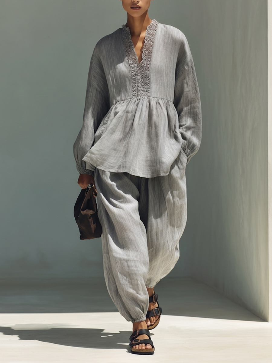 Women's V-Neck Lace-Trimmed Top & Jogger Set MDZ1801H1ZRK