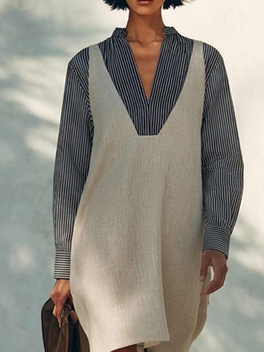 Women's Cotton-Linen Faux-Layered Mini Dress With Striped Shirt & V-Neck Vest MDZ1833H2ZRK