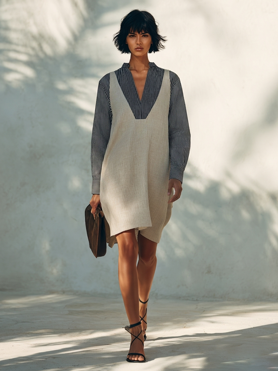Women's Cotton-Linen Faux-Layered Mini Dress With Striped Shirt & V-Neck Vest MDZ1833H2ZRK