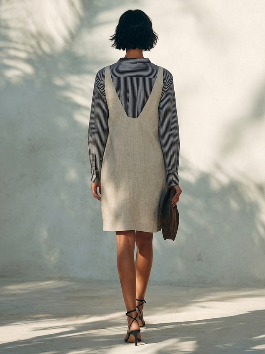 Women's Cotton-Linen Faux-Layered Mini Dress With Striped Shirt & V-Neck Vest MDZ1833H2ZRK