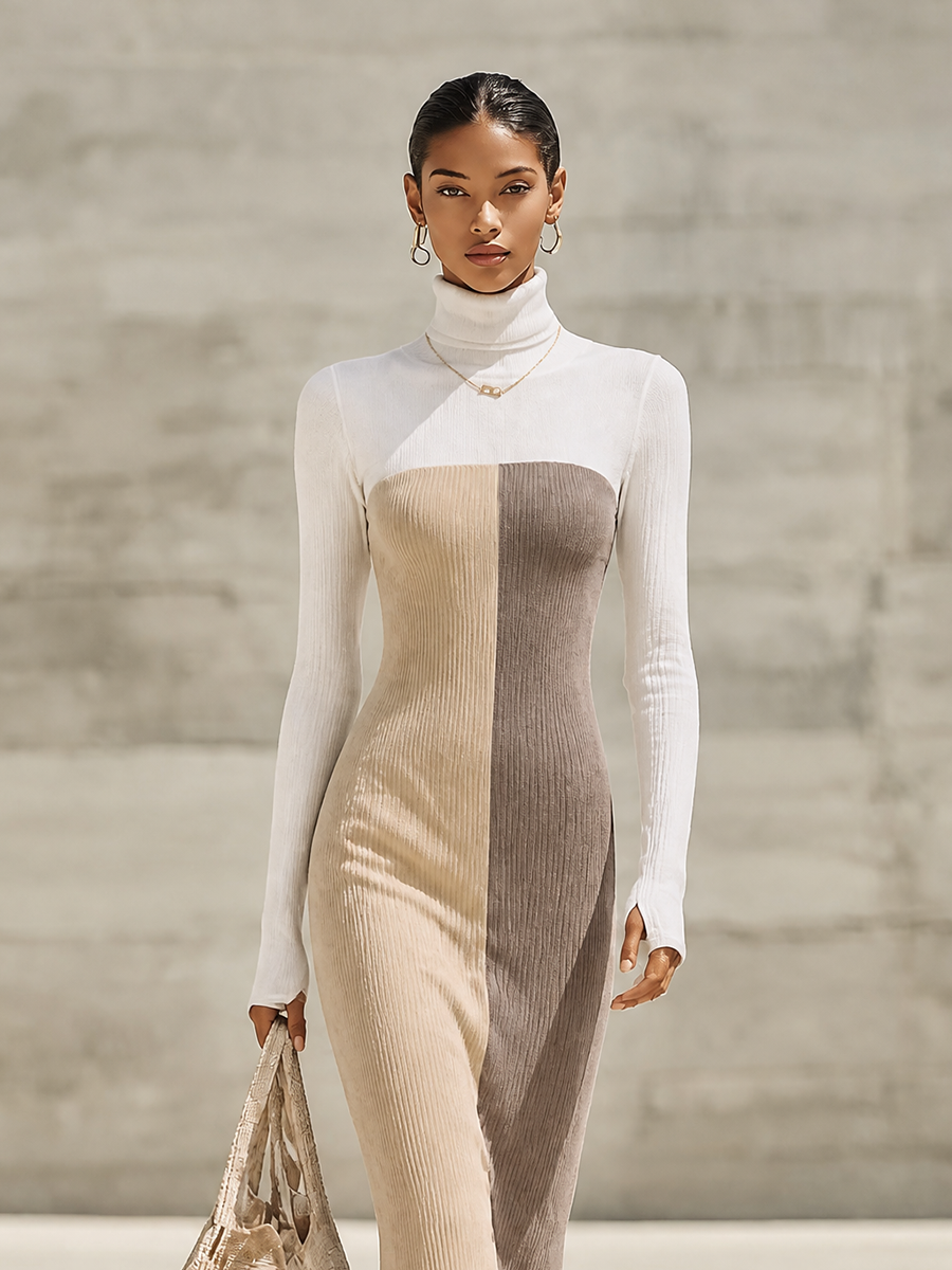 Women's Color‑Block Ribbed Knit Maxi Dress For Office Wear MDZ1843H5LYL