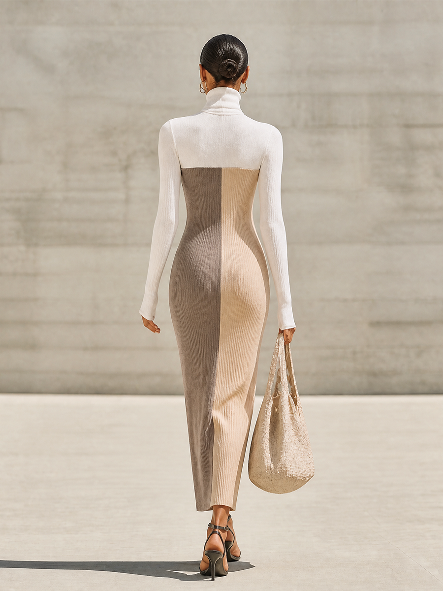 Women's Color‑Block Ribbed Knit Maxi Dress For Office Wear MDZ1843H5LYL