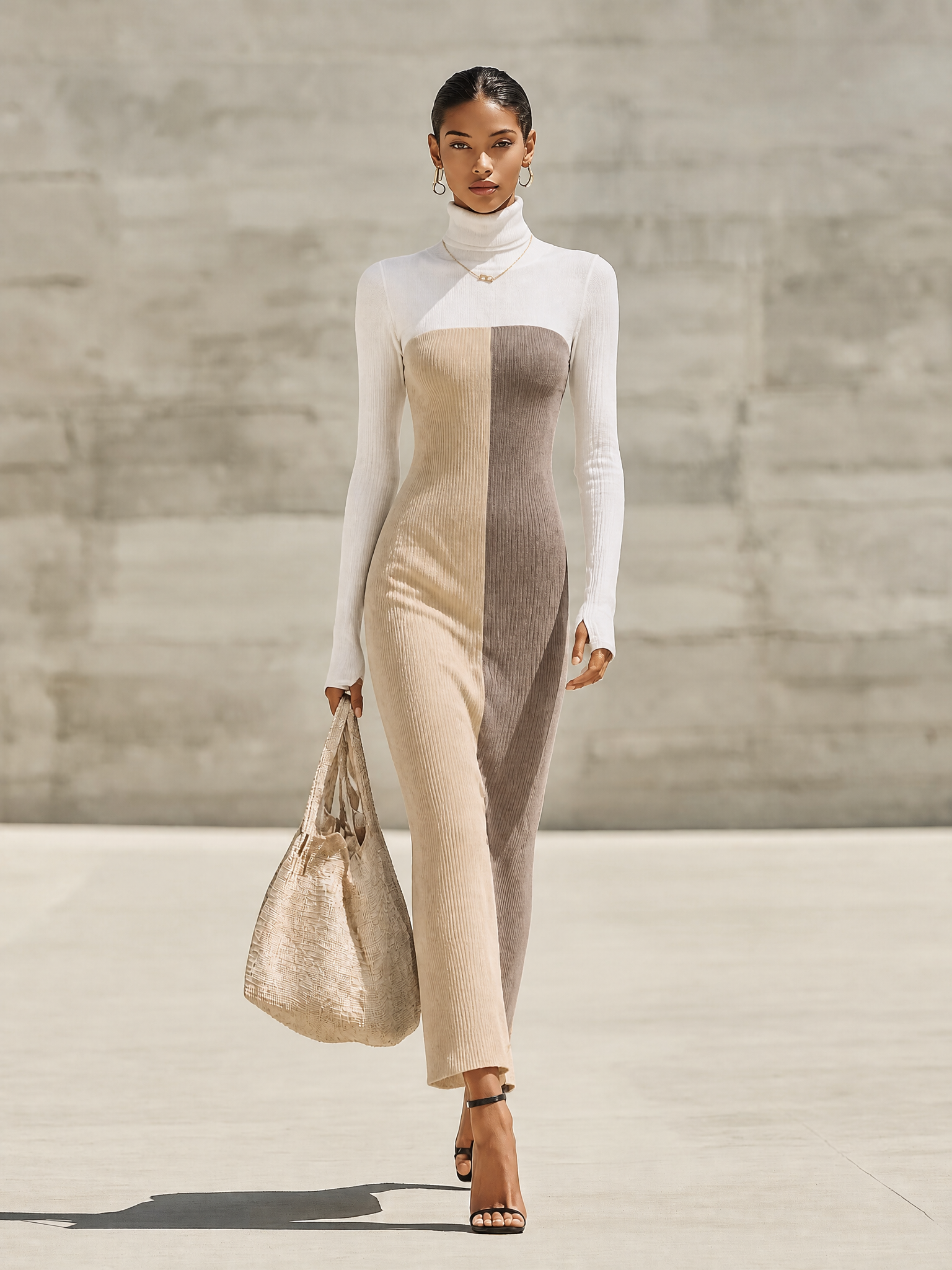 Women's Color‑Block Ribbed Knit Maxi Dress For Office Wear MDZ1843H5LYL