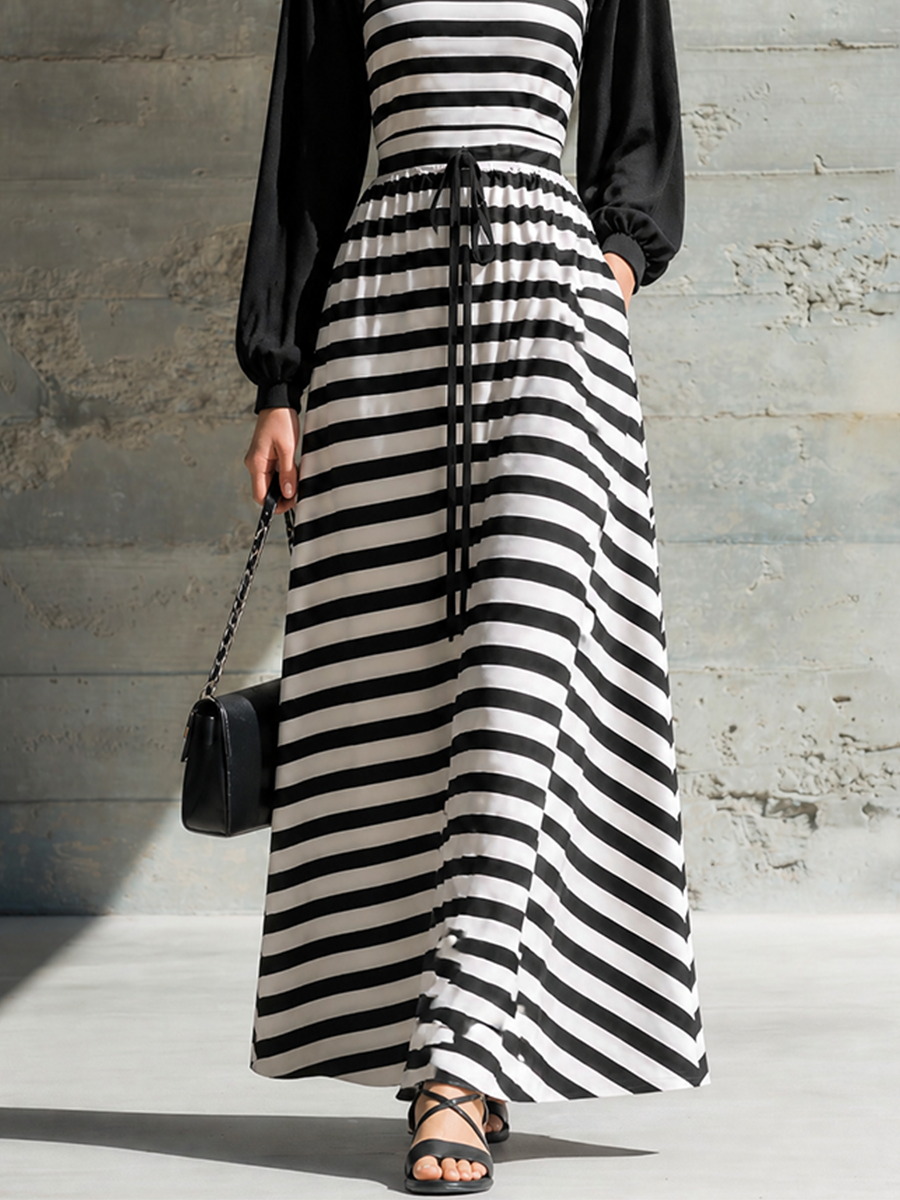 Women's Drawstring Waist Striped Maxi Dress MDZ1858H0LYL