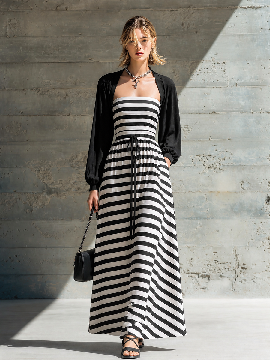 Women's Drawstring Waist Striped Maxi Dress MDZ1858H0LYL