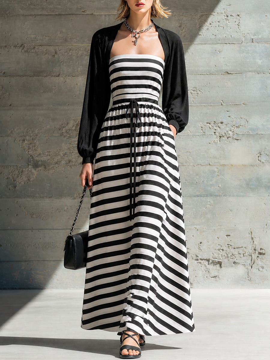 Women's Drawstring Waist Striped Maxi Dress MDZ1858H0LYL