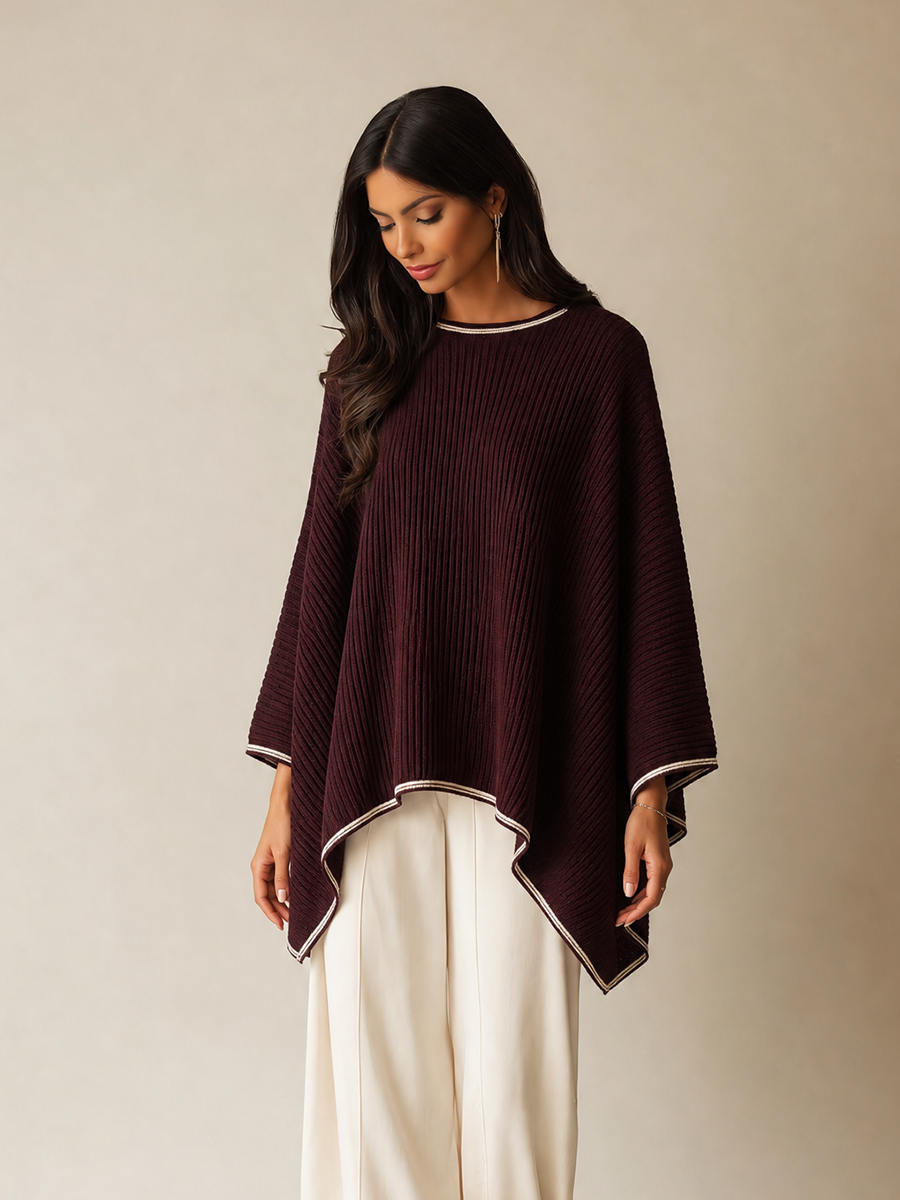 Women's Burgundy Knit Poncho For Cool‑Weather Wear MDZ1818H2LYL