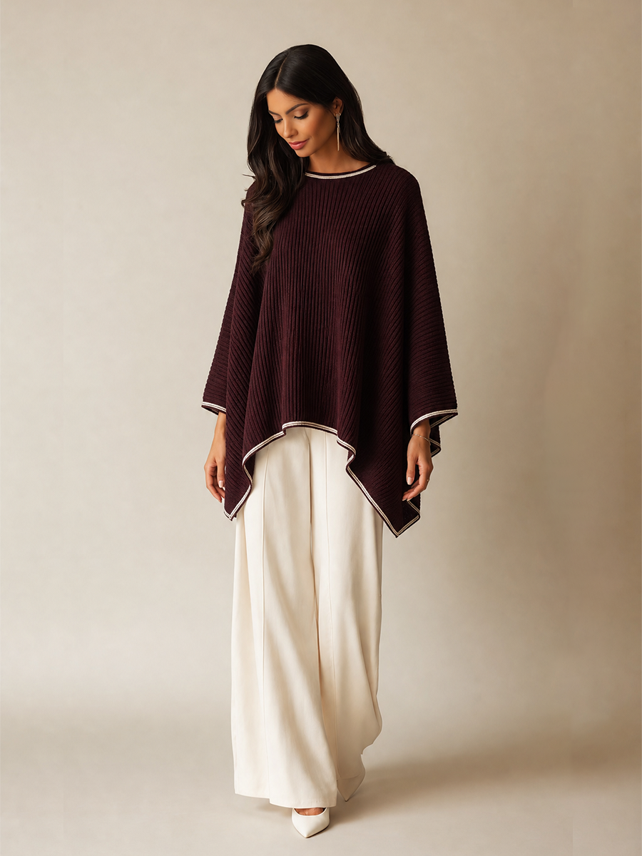 Women's Burgundy Knit Poncho For Cool‑Weather Wear MDZ1818H2LYL