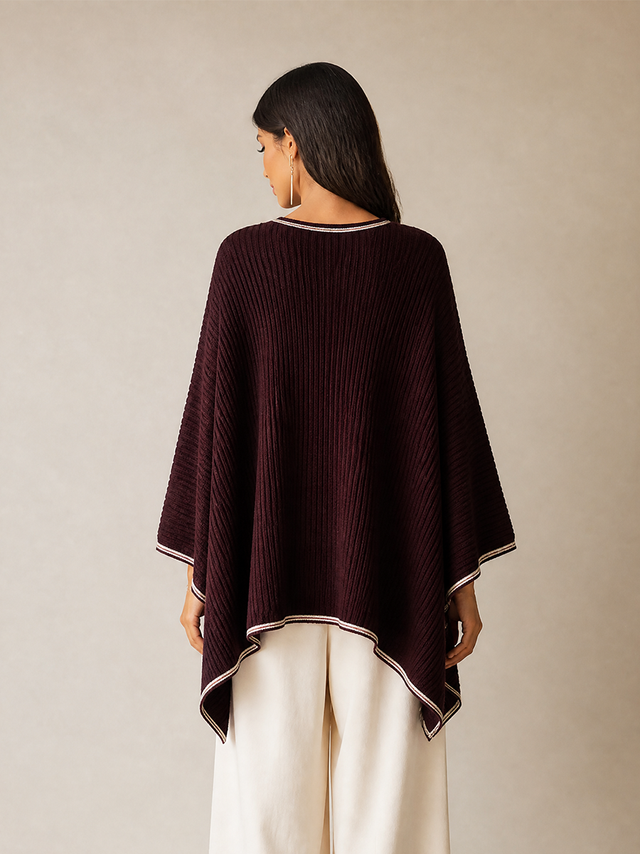 Women's Burgundy Knit Poncho For Cool‑Weather Wear MDZ1818H2LYL