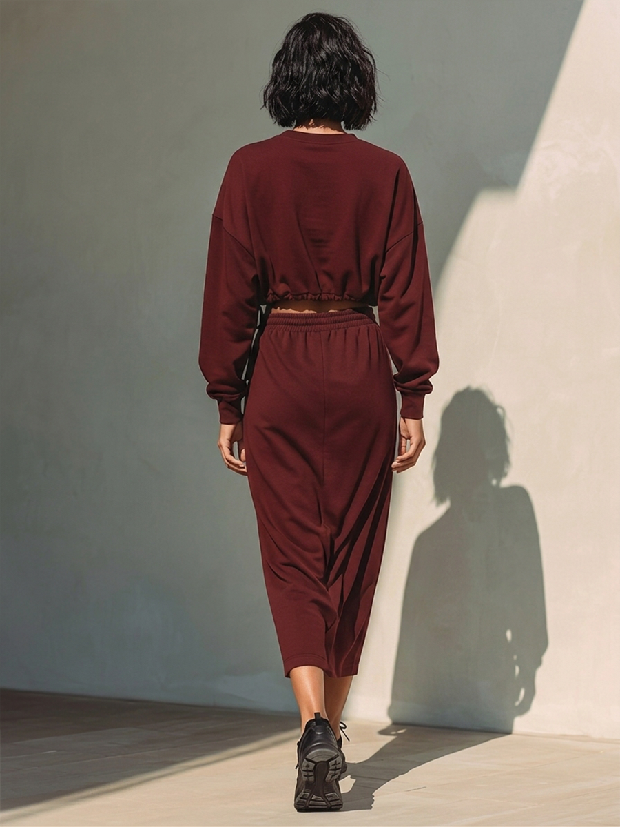 Women's Cotto Blend Set With Cropped Drawstring Sweatshirt & Maxi Skirt MDZ1809H3ZRK