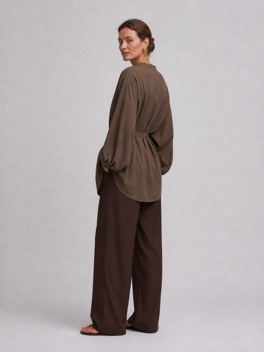 Women's Long Sleeve Oversized Tie Waist Brown Tunic MDZ1827H9YZJ