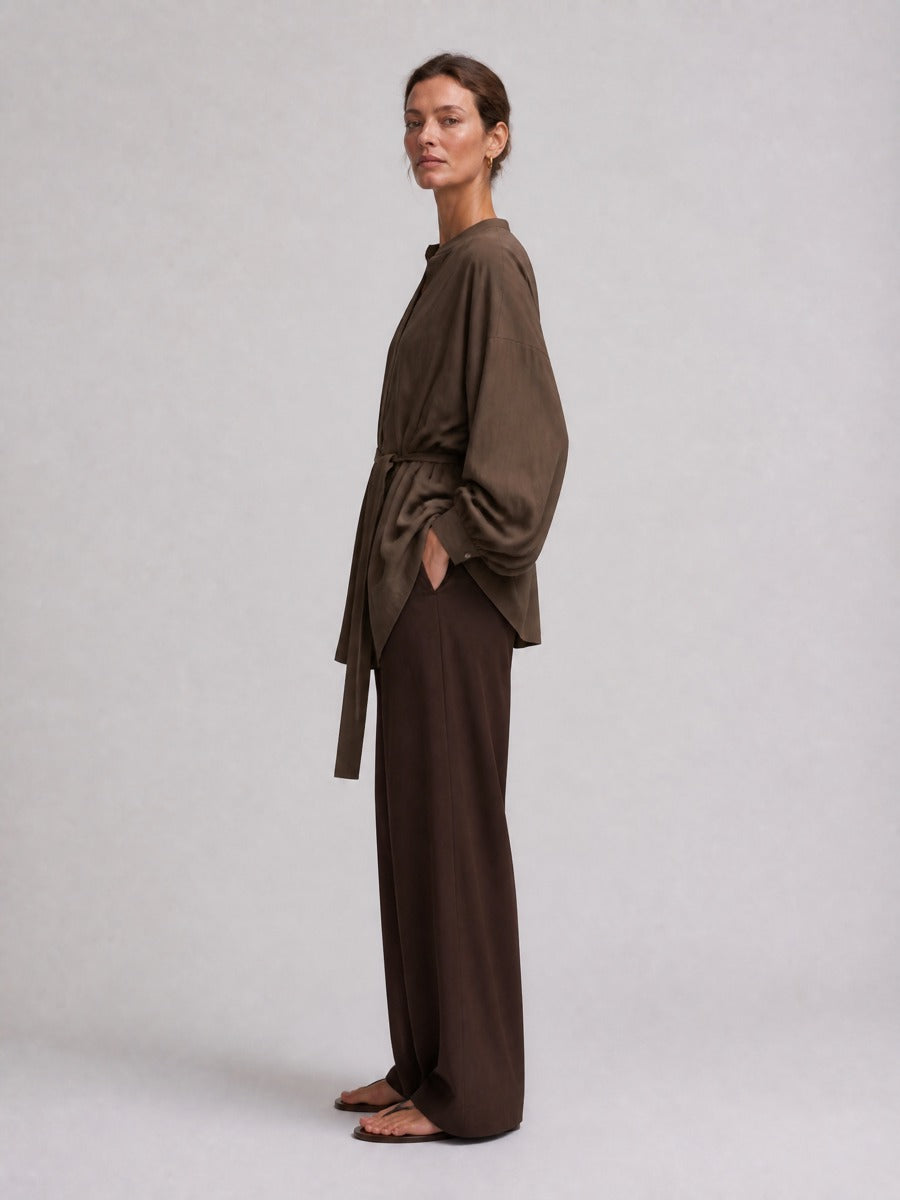 Women's Long Sleeve Oversized Tie Waist Brown Tunic MDZ1827H9YZJ