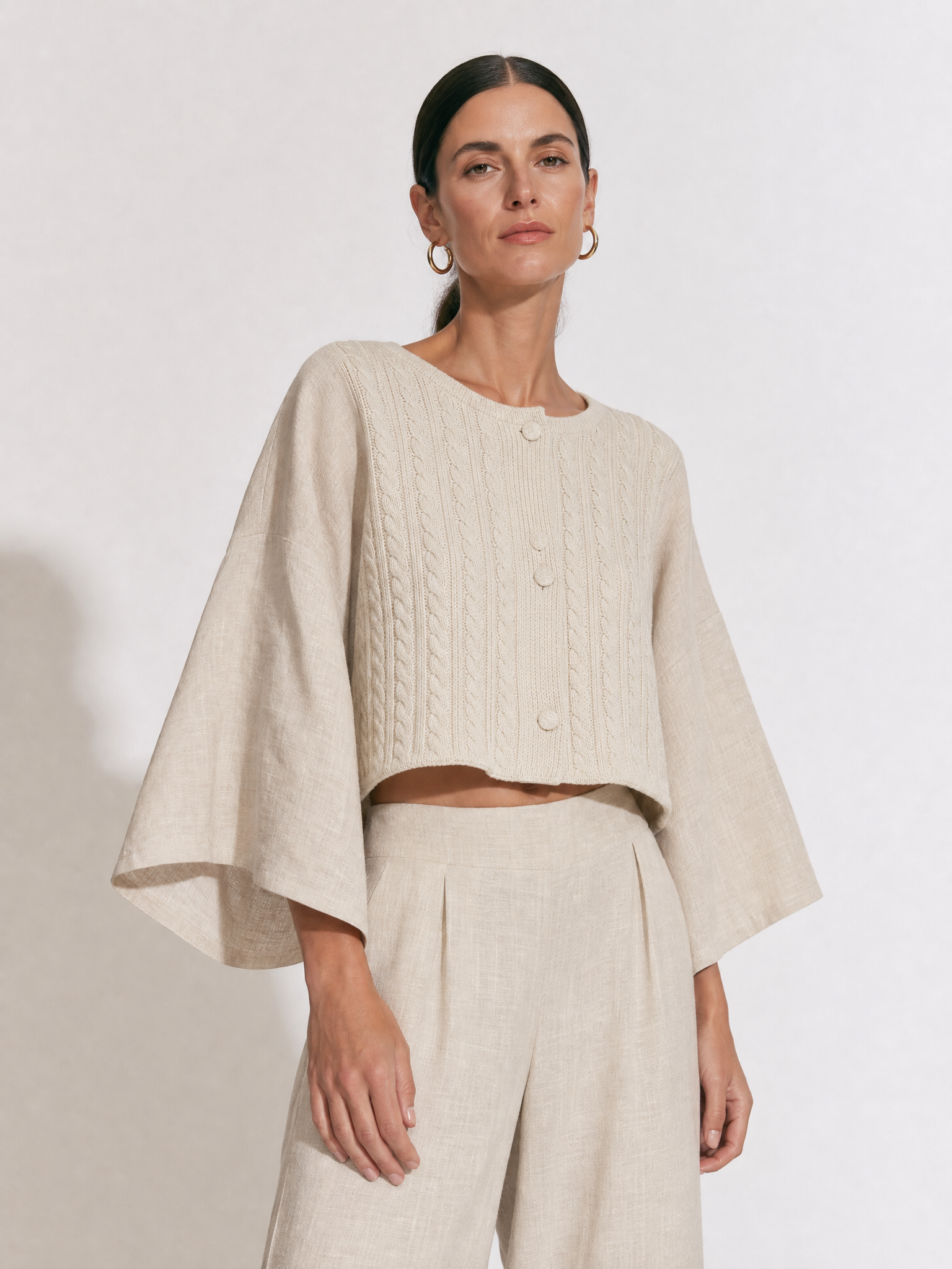Women's Bell Sleeve Cable Knit Cropped Beige Cardigan MDZ1820H5YZJ