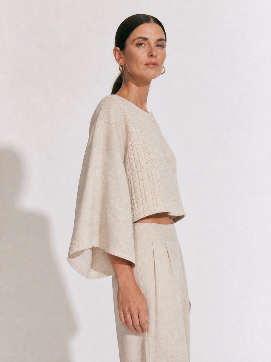 Women's Bell Sleeve Cable Knit Cropped Beige Cardigan MDZ1820H5YZJ
