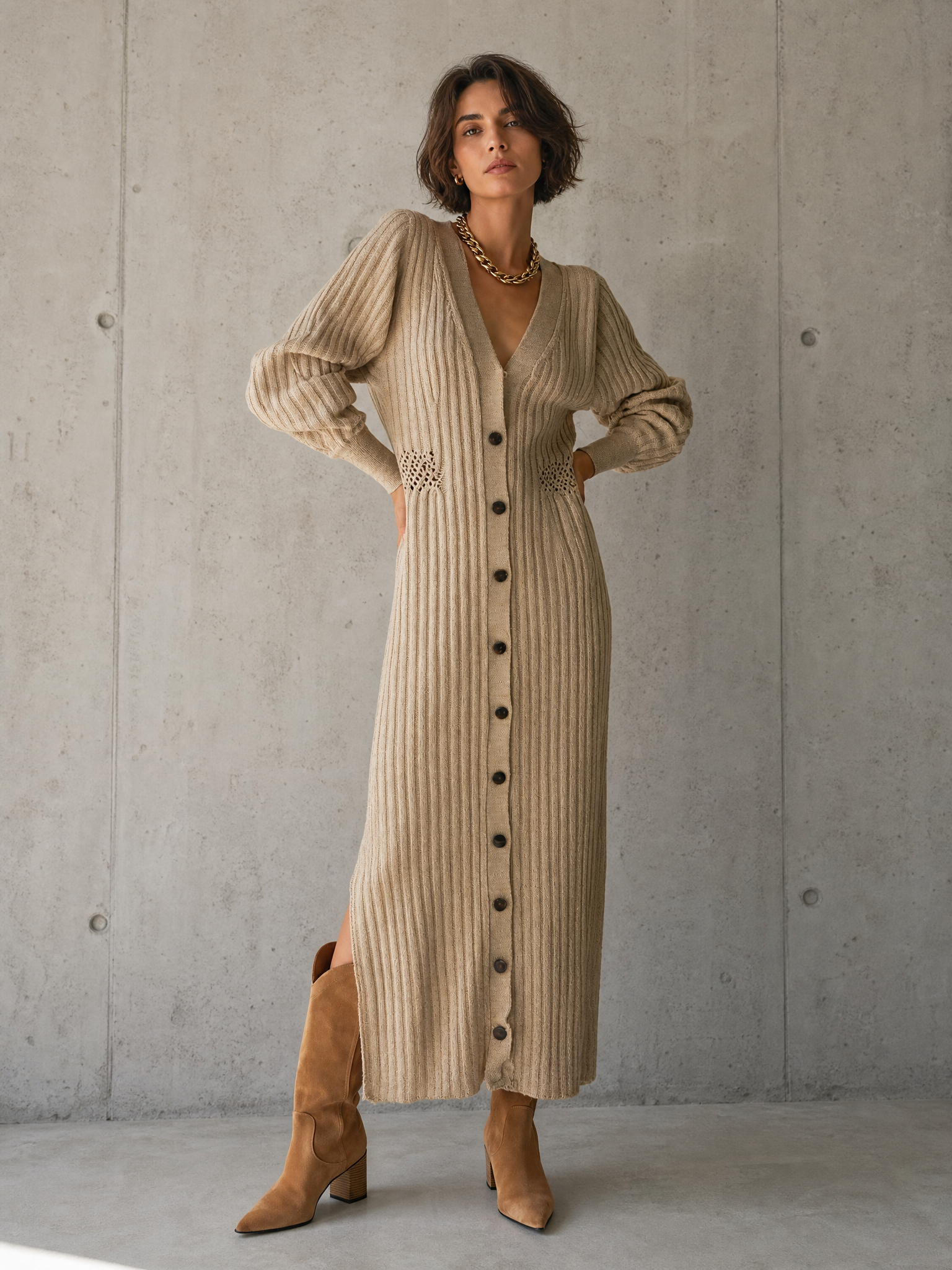 Women's Long Sleeve Cutout Ribbed Knit Beige Maxi Dress MDZ1895H2YZJ