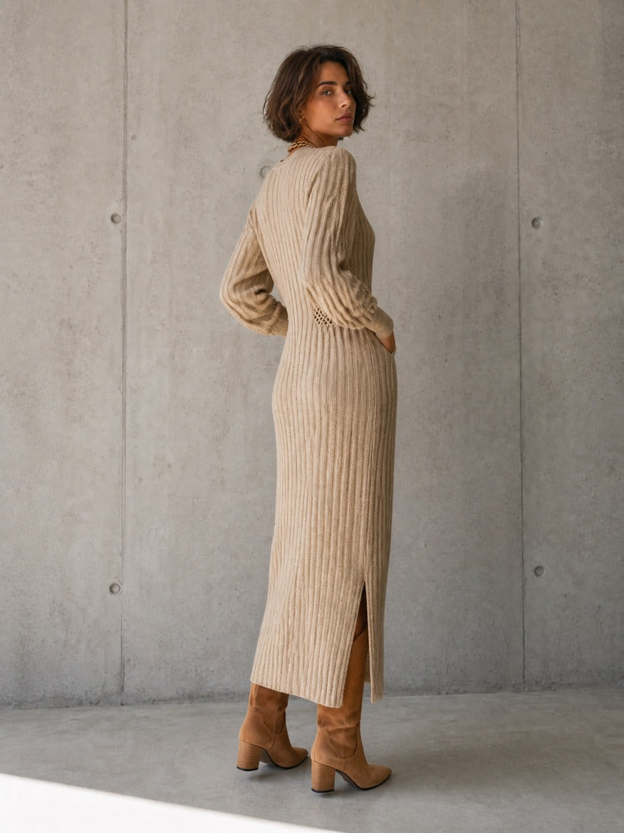 Women's Long Sleeve Cutout Ribbed Knit Beige Maxi Dress MDZ1895H2YZJ
