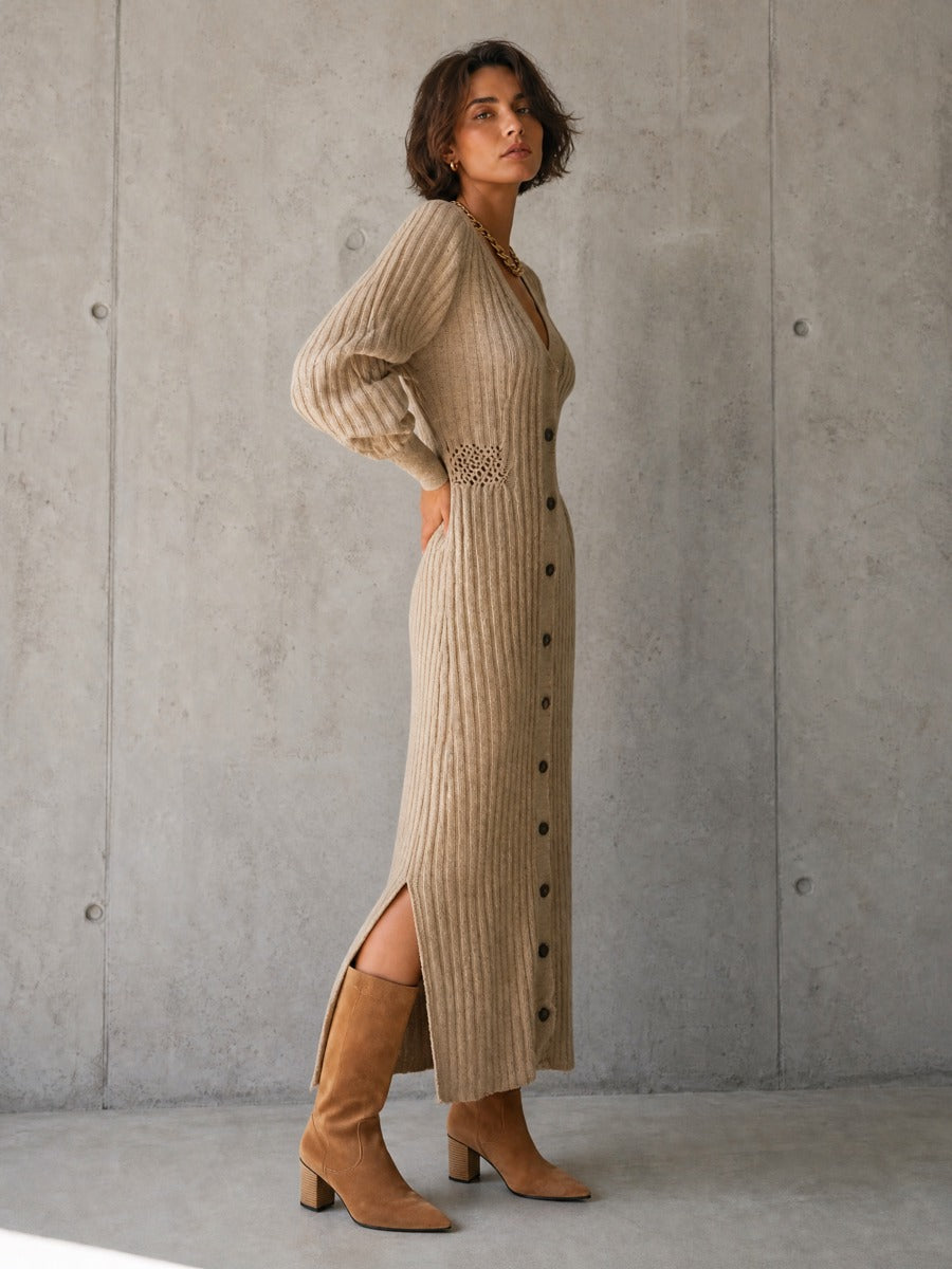 Women's Long Sleeve Cutout Ribbed Knit Beige Maxi Dress MDZ1895H2YZJ
