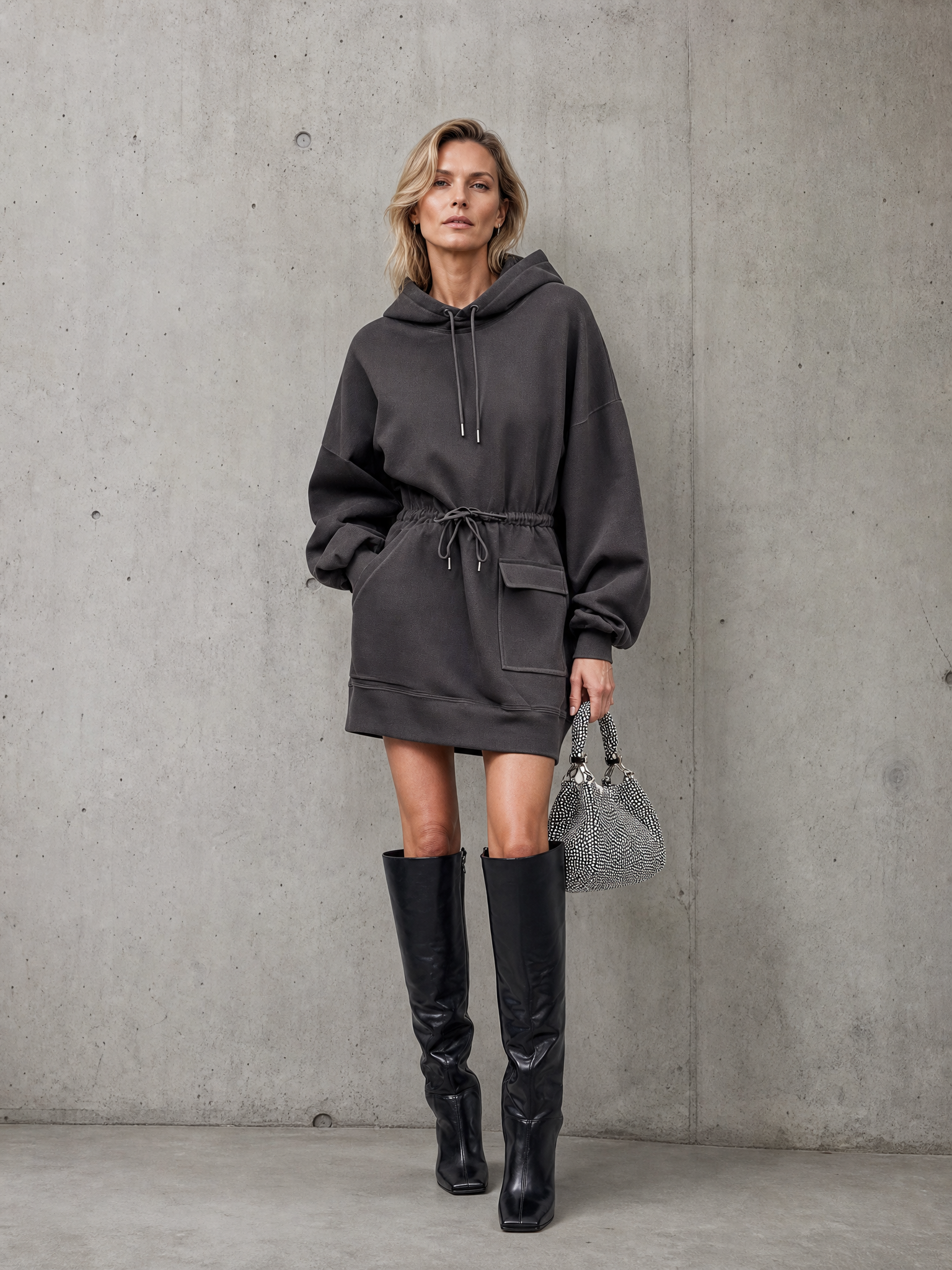 Women's Oversized Hooded Sweatshirt Dress With Drawstring Waist And Pocket MDZ1813H1YZJ