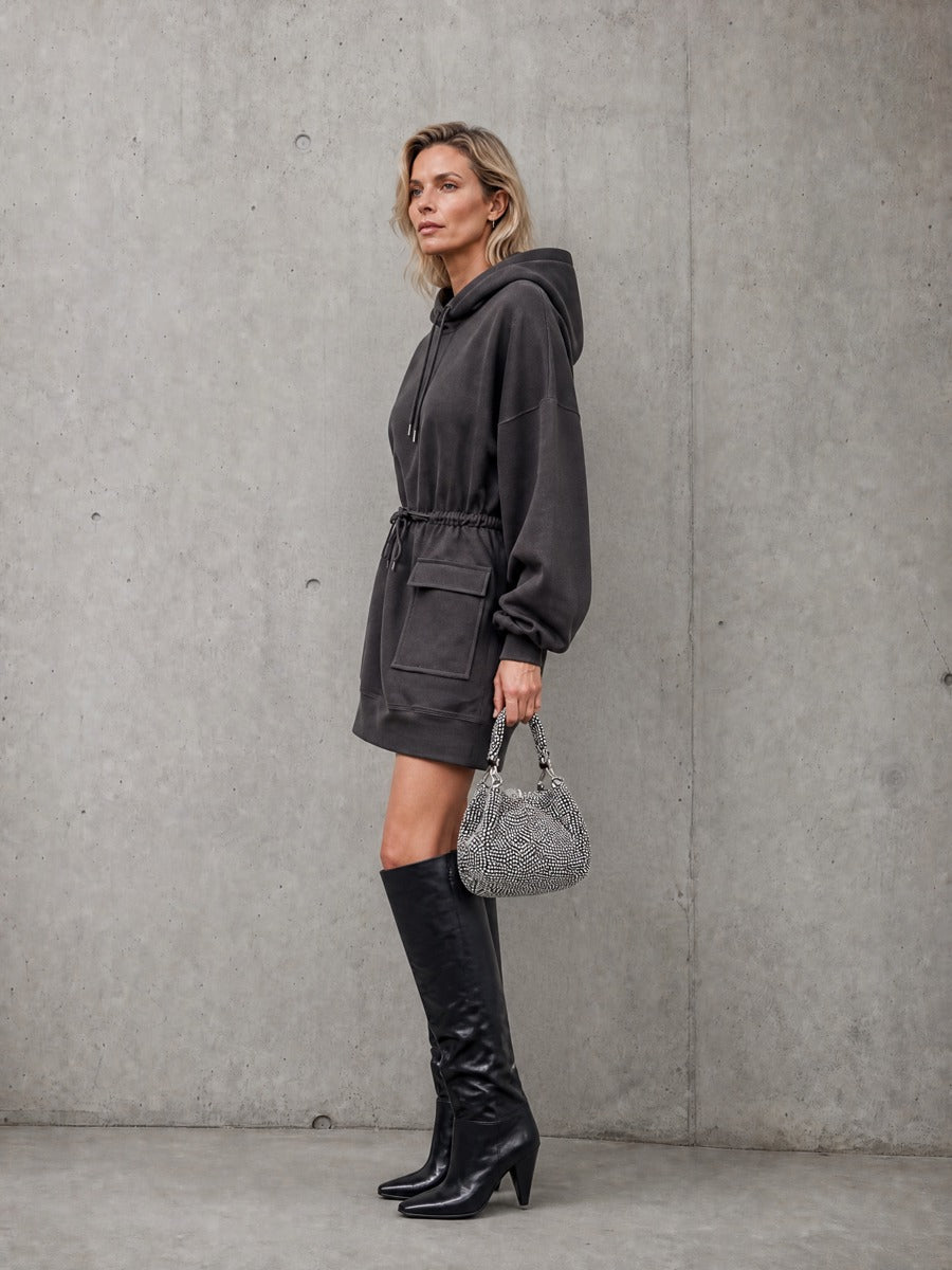 Women's Oversized Hooded Sweatshirt Dress With Drawstring Waist And Pocket MDZ1813H1YZJ