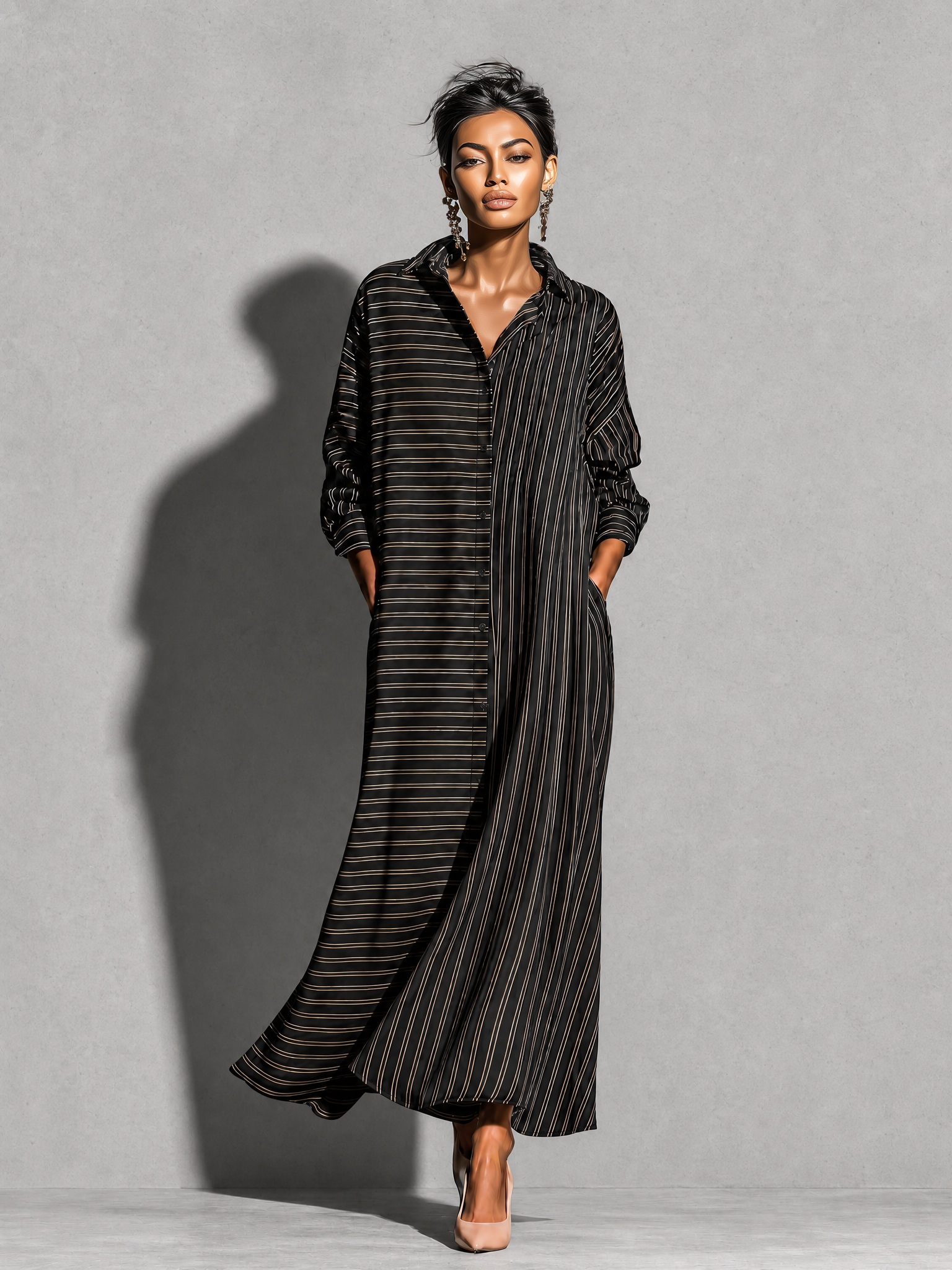 Women's Striped Long Sleeve Button-Up Shirt Maxi Dress MDZ1895H8YZJ