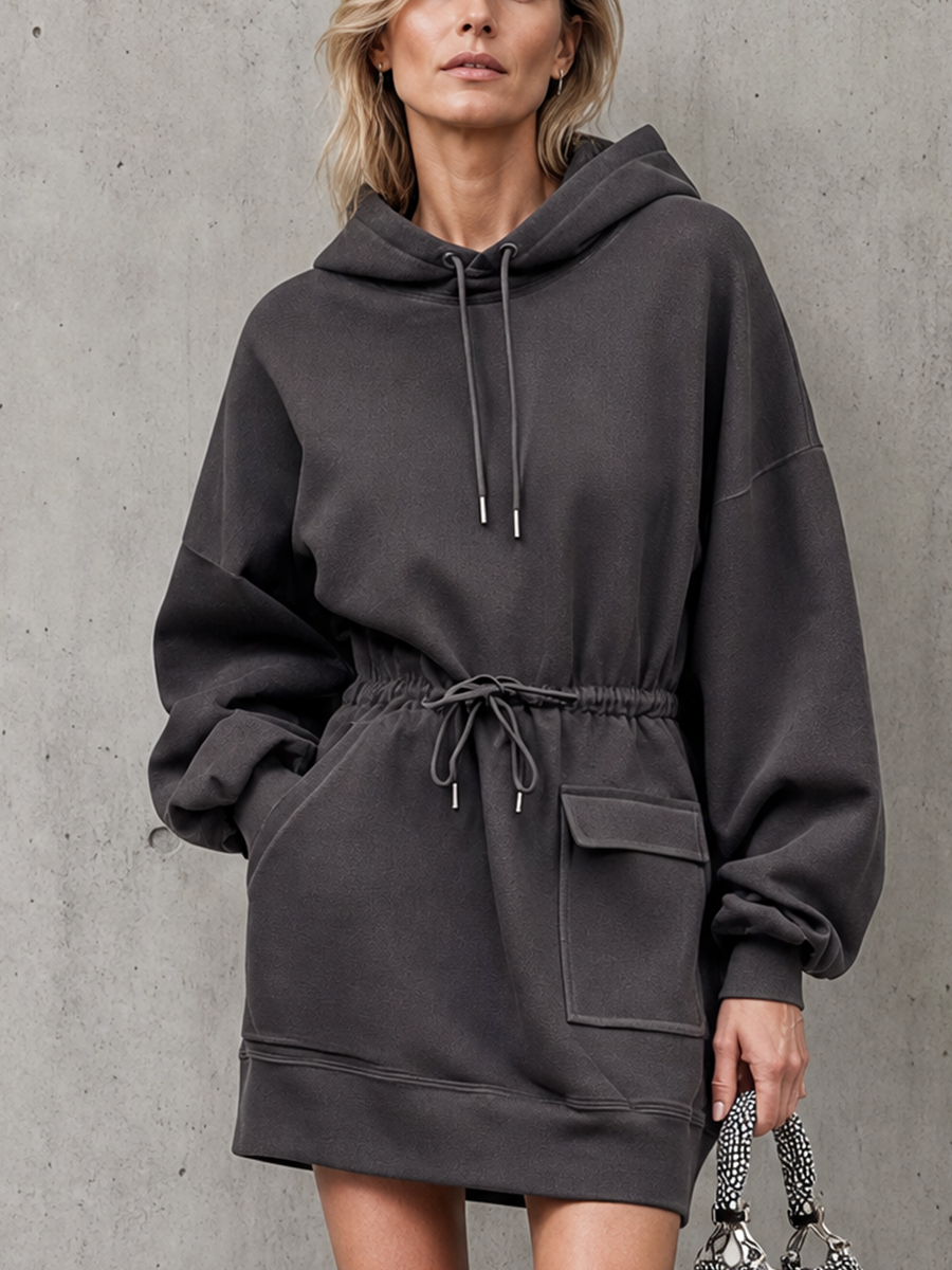 Women's Oversized Hooded Sweatshirt Dress With Drawstring Waist And Pocket MDZ1813H1YZJ