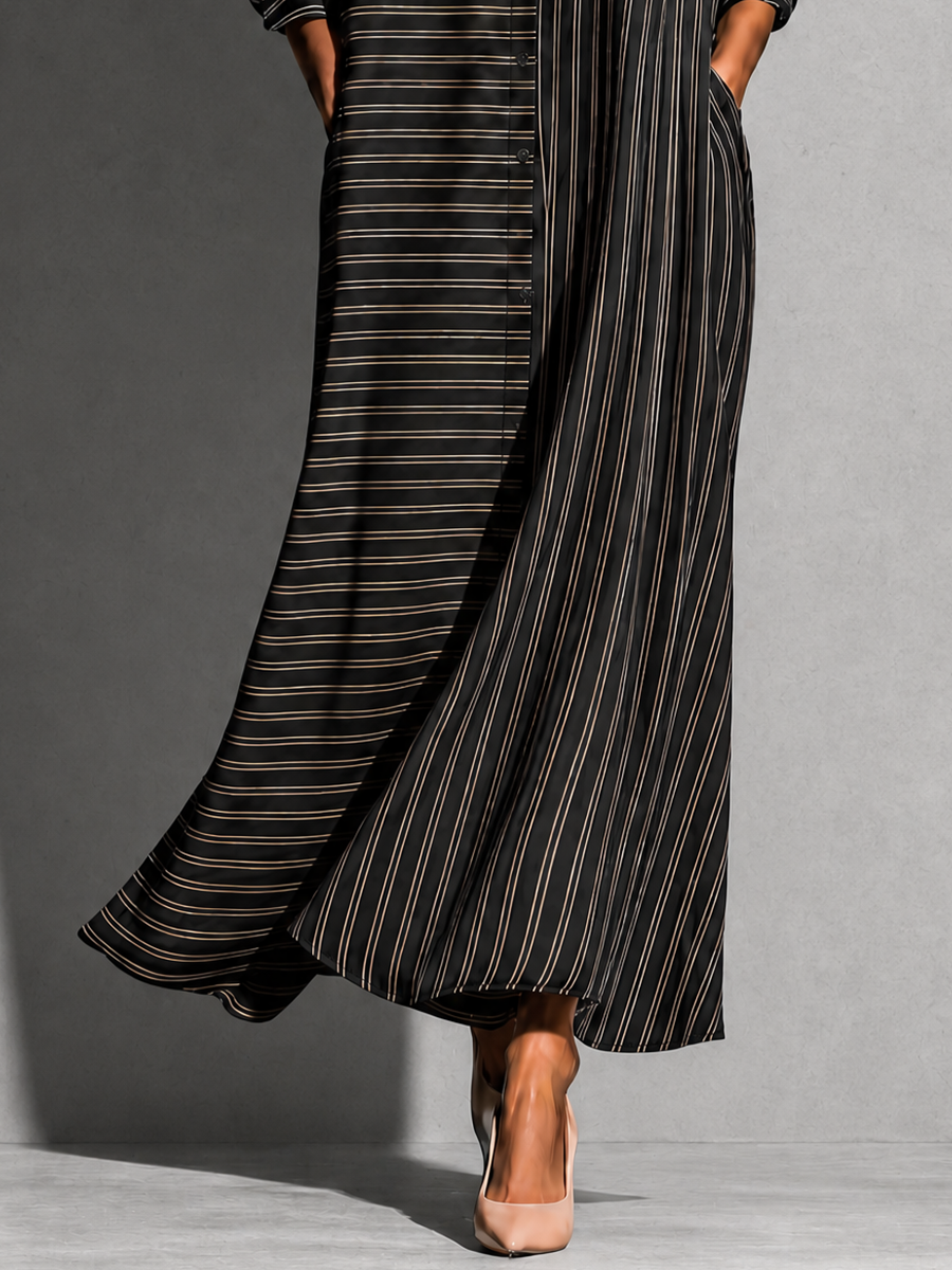 Women's Striped Long Sleeve Button-Up Shirt Maxi Dress MDZ1895H8YZJ